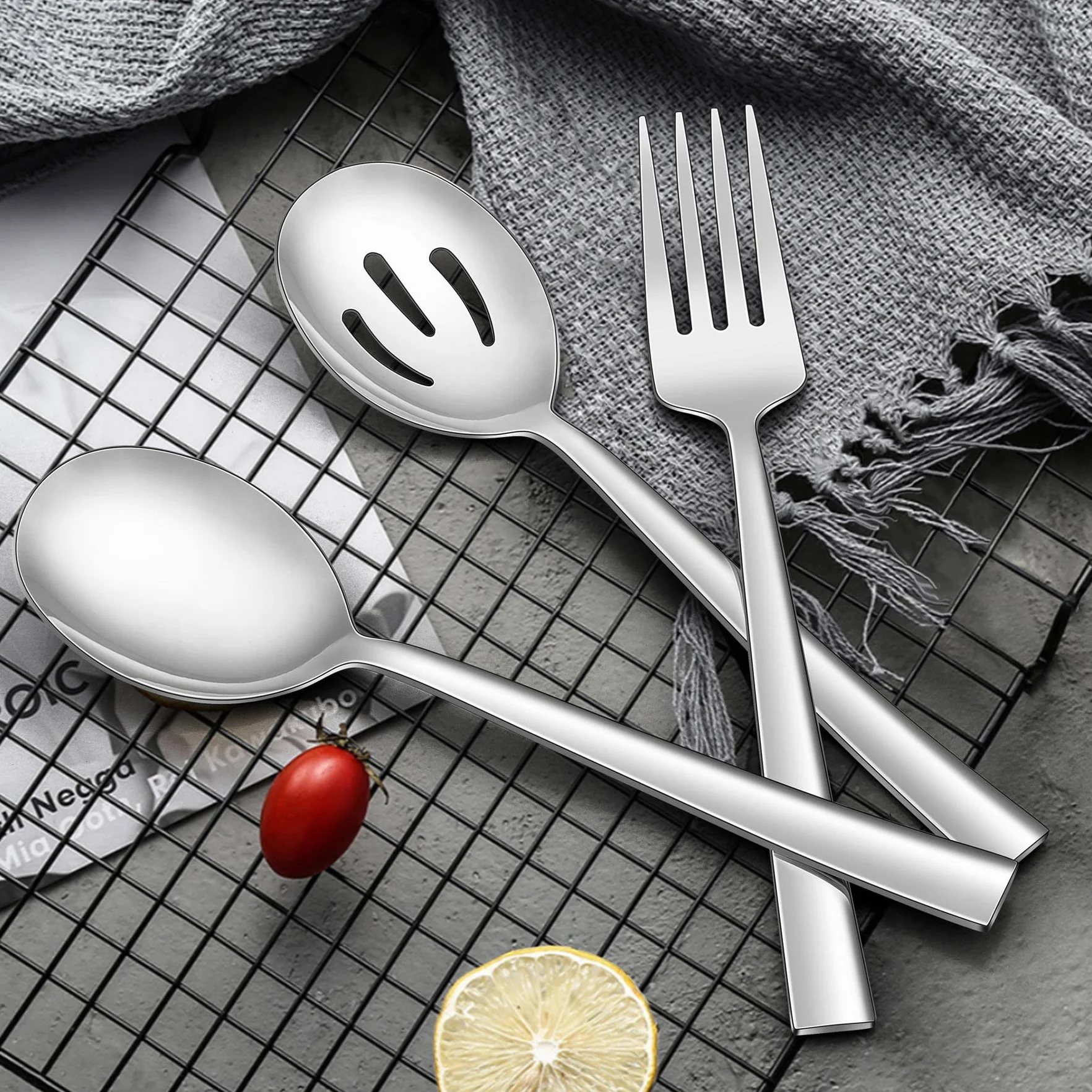 LIANYU 2 cucharas para servir, 2 cucharas ranuradas, 2 tenedores para servir, 8.6 pulgadas de acero inoxidable cucharas de servir tenedores para buffet catering banquete, apto para lavavajillas
