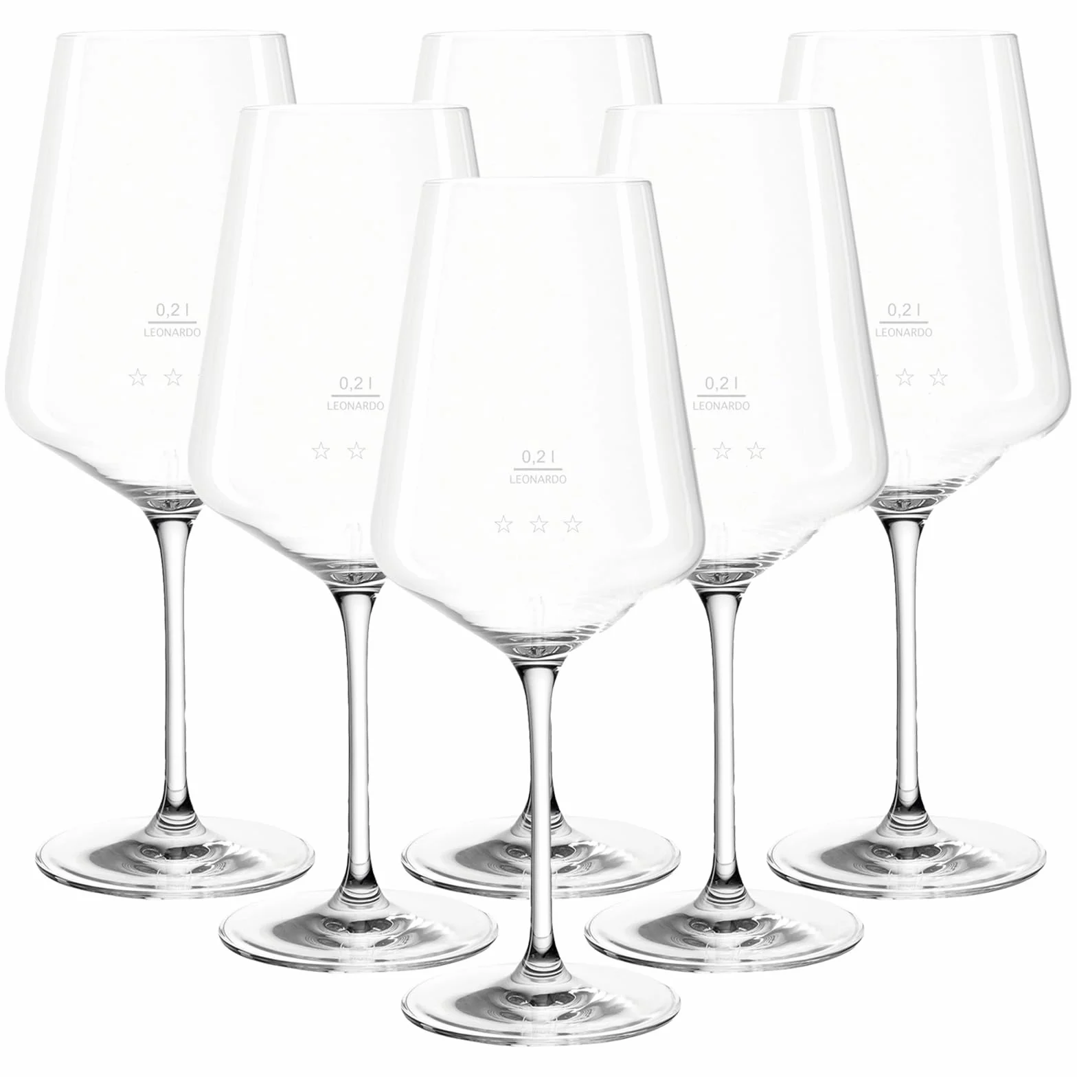 LEONARDO HOME Juego de 6 copas de vino tinto Puccini Gastro Edition, copas de vino calibradas con 0,2 l – Calibre y 0,1 l – Línea auxiliar, relleno de borde 750 ml, vasos normalizados para hoteles y