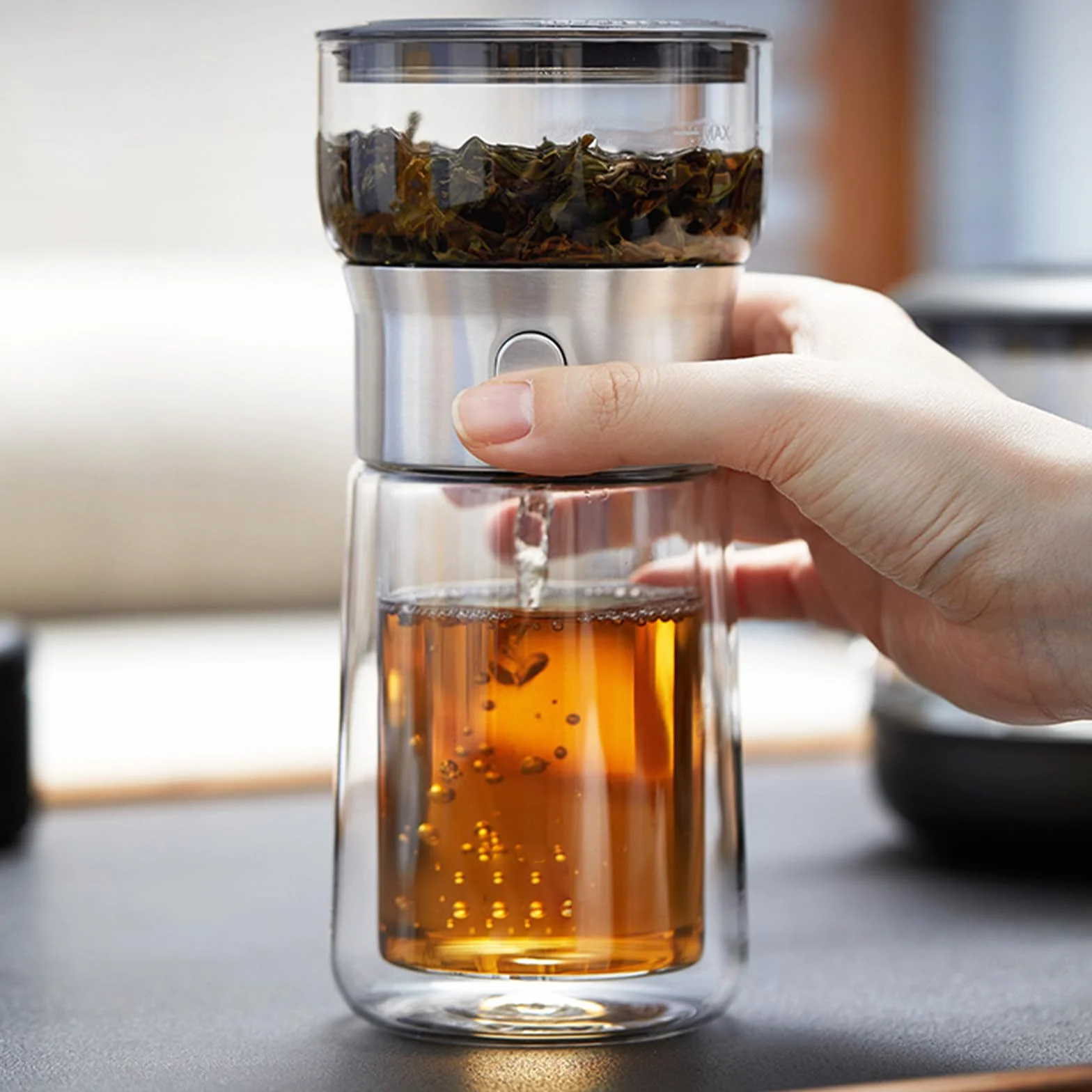 Infusor de té portátil de sola porción con estructura de preparación de grifo y plan de verificación de derrames para un excelente amante del té constantemente