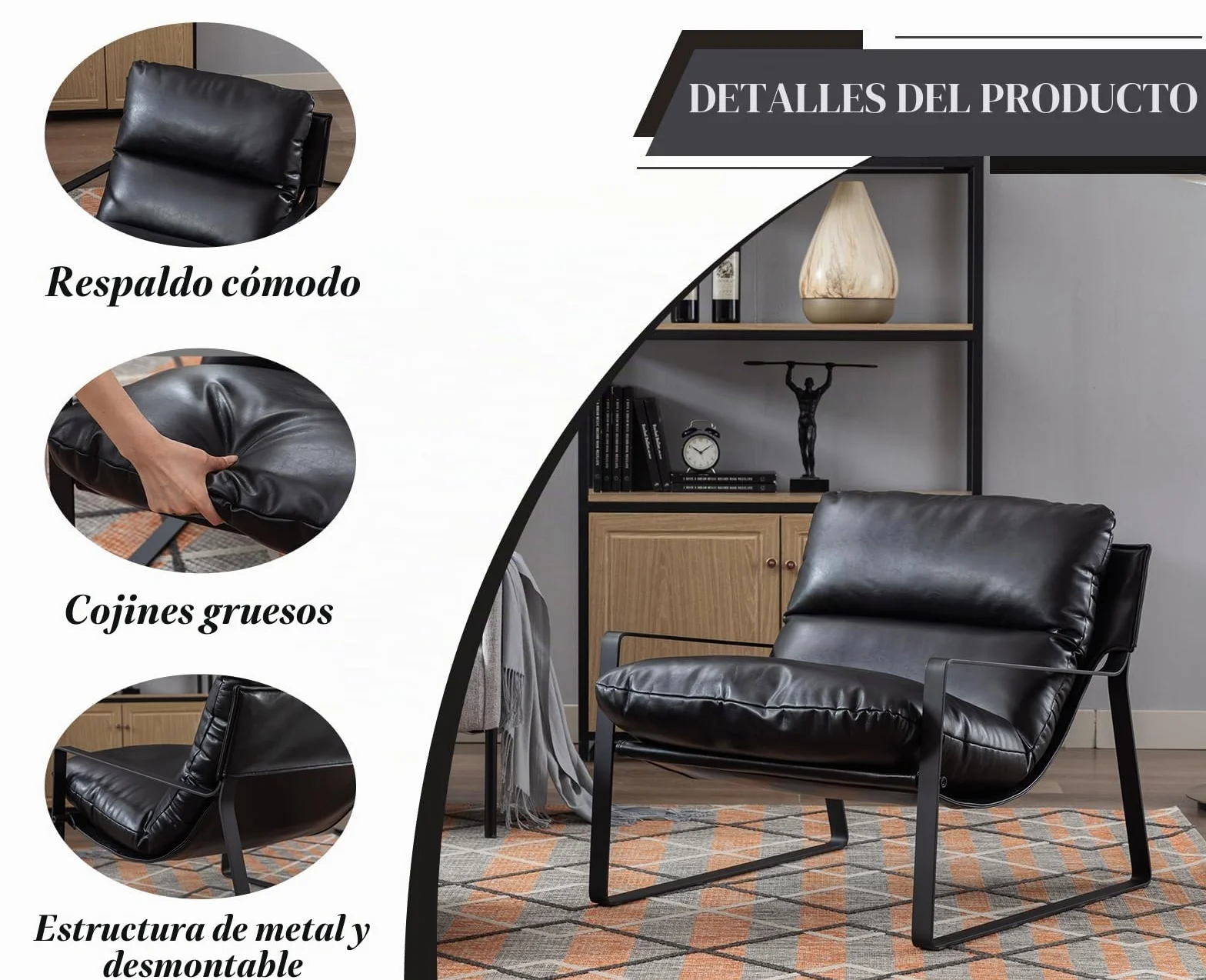 Ya-Home Sillon Individual Moderno Silla Ocio de Salón con Patas Negras,Silla Relax de PU Cuero con Brazos Butaca de Lectura Sencillo para Hogar/Apartamento,Negro