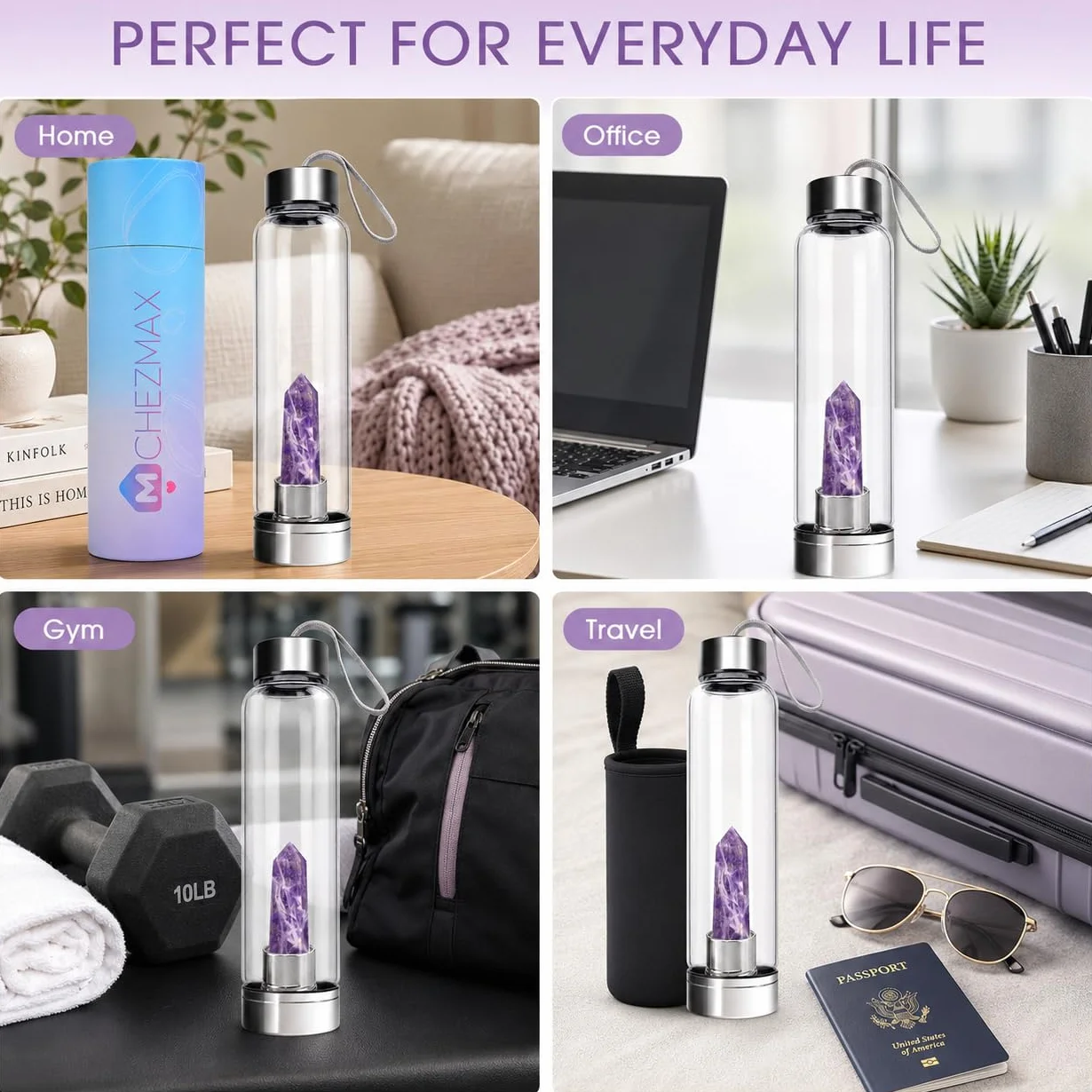ChezMax Botella de agua de cristal con cristal natural extraíble