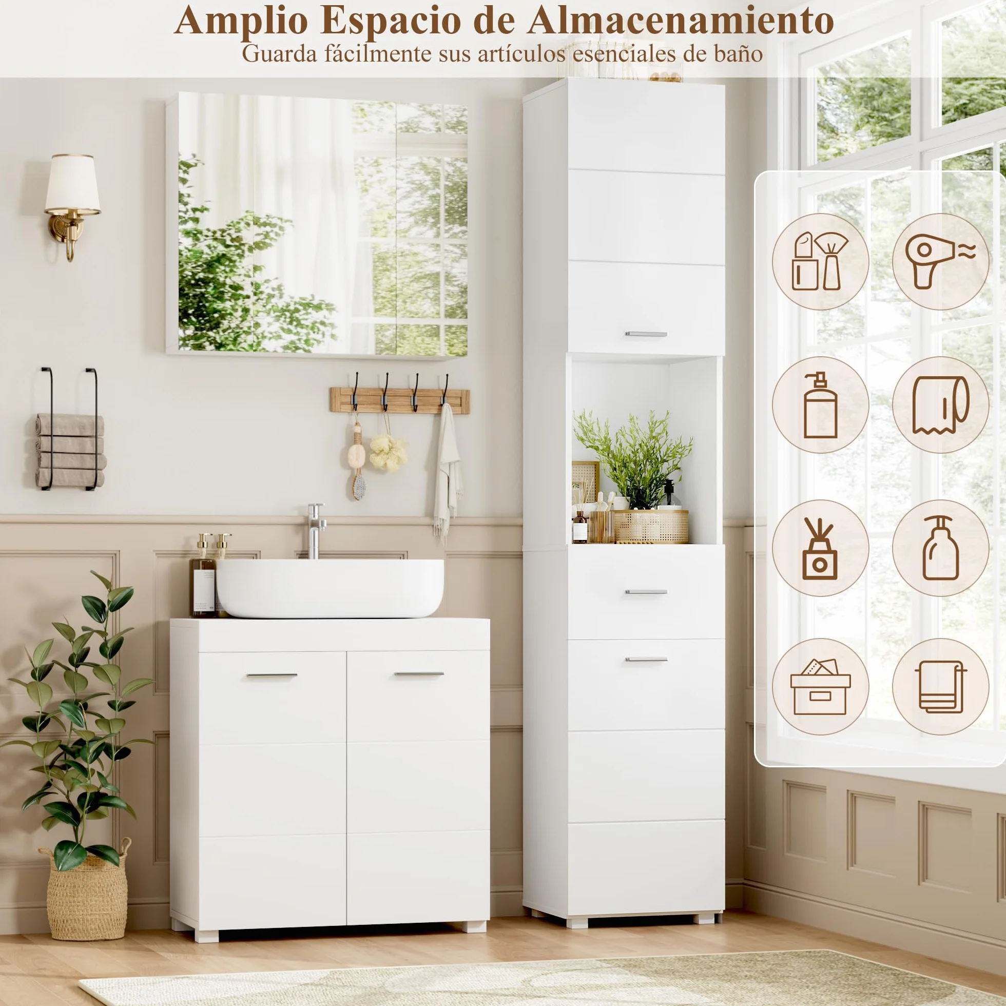 FOREHILL 180cm Mueble Columna Baño, Armario Baño Alto, Mueble Auxiliar Armario Estrecho y Alto, Madera, con 2 Puertas, 1 Cajón, Moderno, Blanco 37x30x180 cm