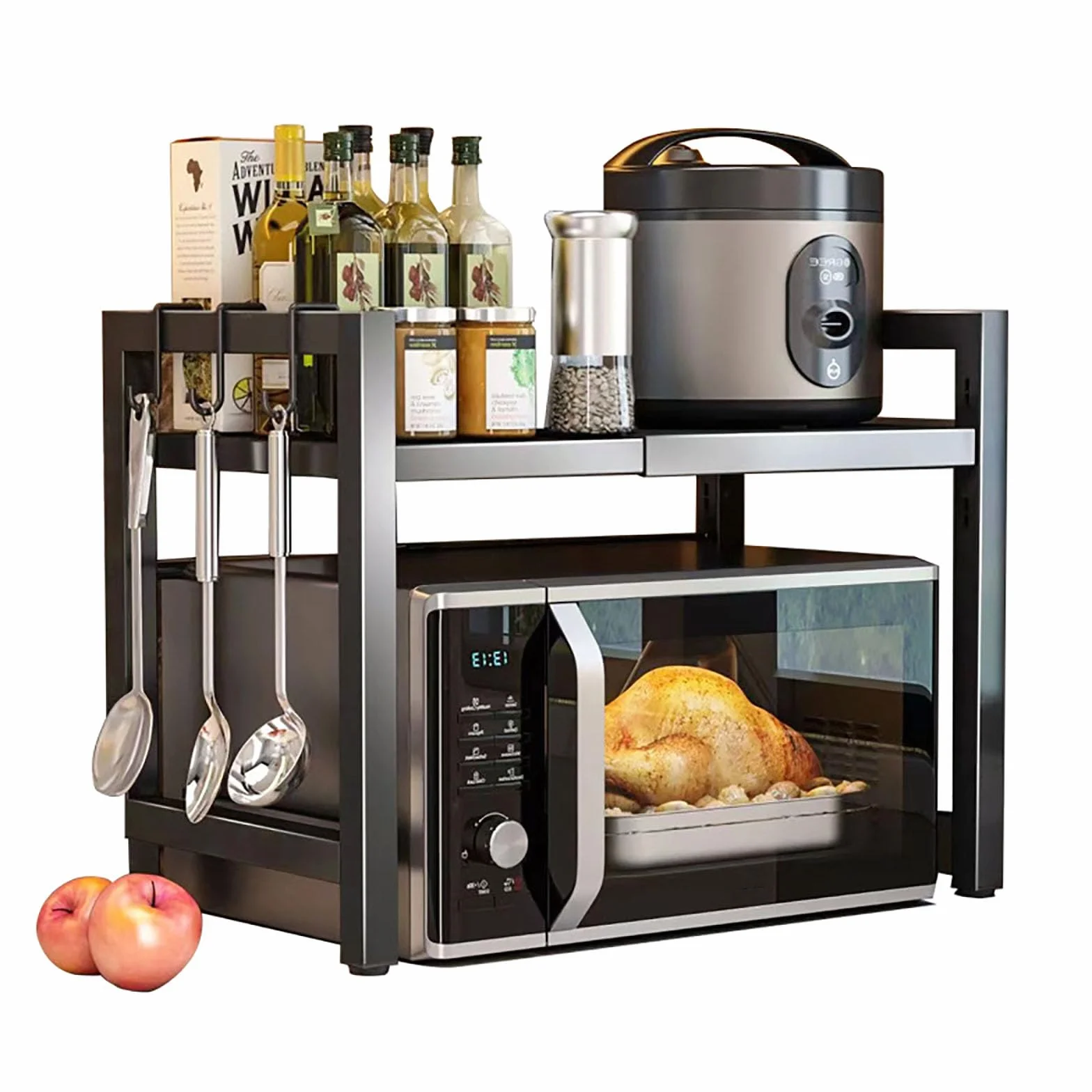 Estantería extensible para microondas, organizador para hornos, estante de cocina, estante de especias de pie, con 6 ganchos para encimera, estantes de panadería (negro)