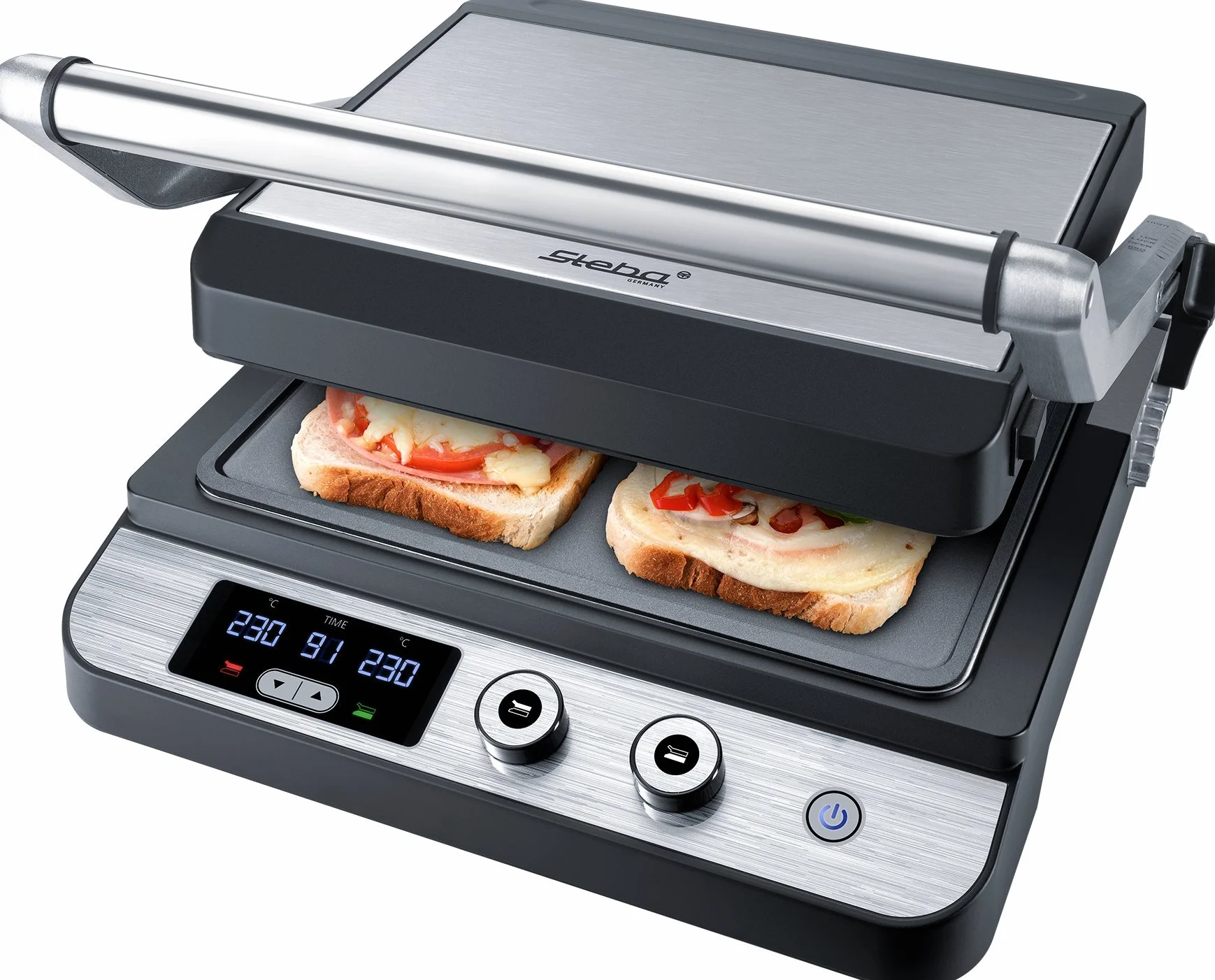 Grill bajo en grasa Steba con carcasa de acero inoxidable, gran superficie de grill antiadherente: 2 x 27 x 24 cm, gratinado por contacto, gratinado, gratinado abierto en doble superficie, FG 120