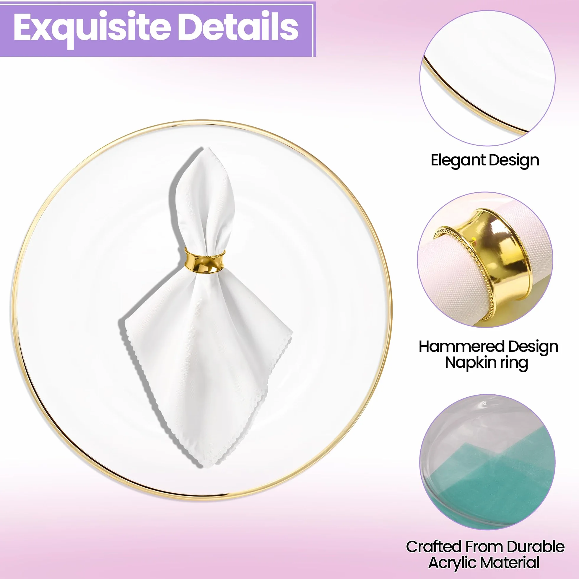 Juego de platos y servilleteros dorados – 50 elegantes platos de acrílico de 33 cm con borde dorado y 50 servilleteros martillados – Decoración de mesa de comedor para bodas, fiestas y eventos
