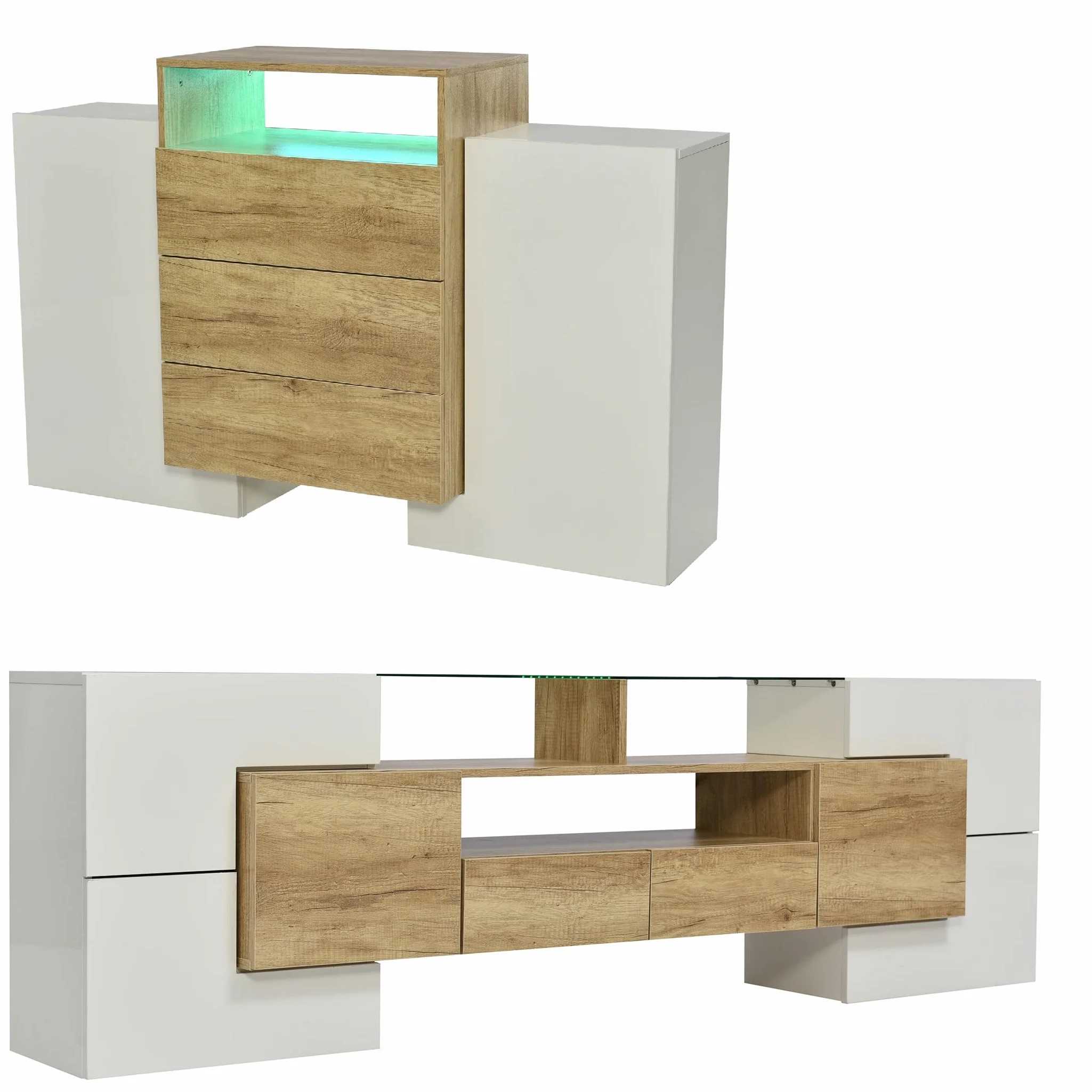 Azkoeesy Mueble de TV y Aparador - Conjunto de 2 Piezas para salón, con iluminación LED, Color Blanco Brillante y Natural, 200x35x60 cm + 140x30x77,5 cm