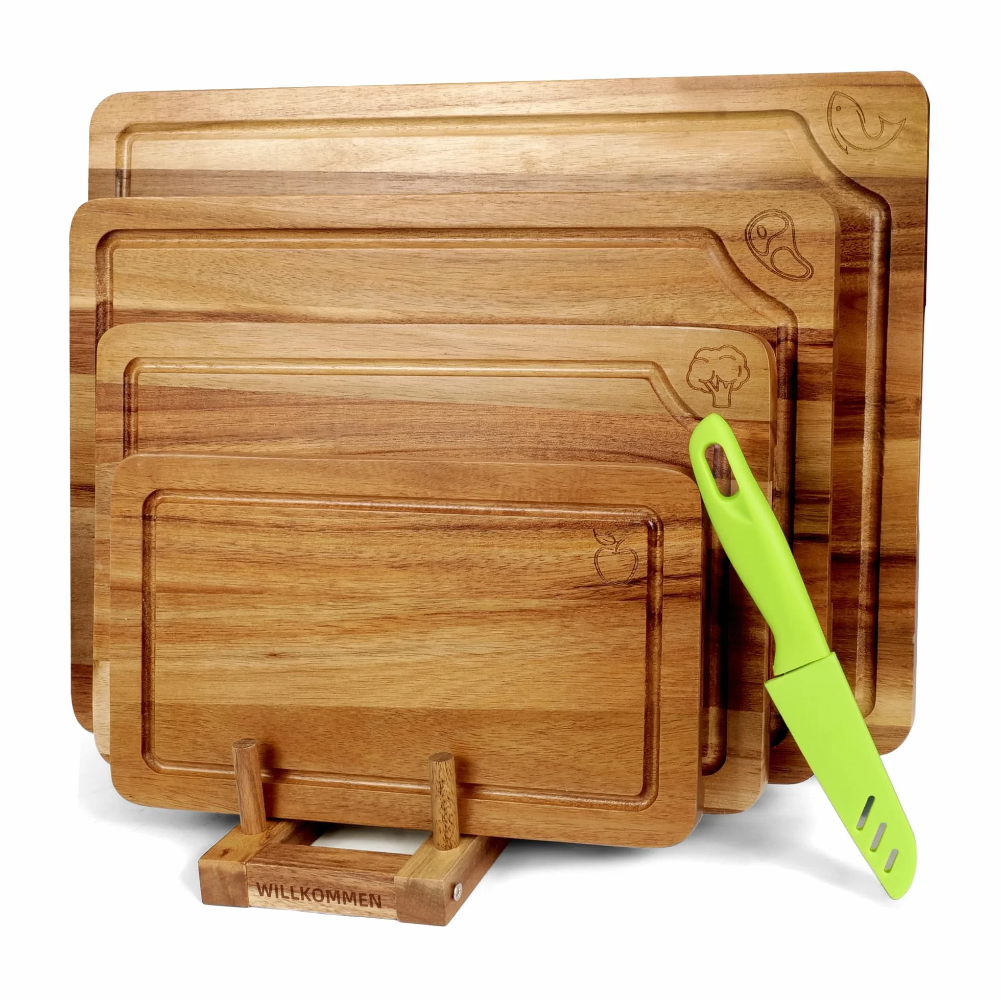 Juego de 4 Tablas de Cortar Acacia Madera Maciza con Canal Antiderrames para Cocina