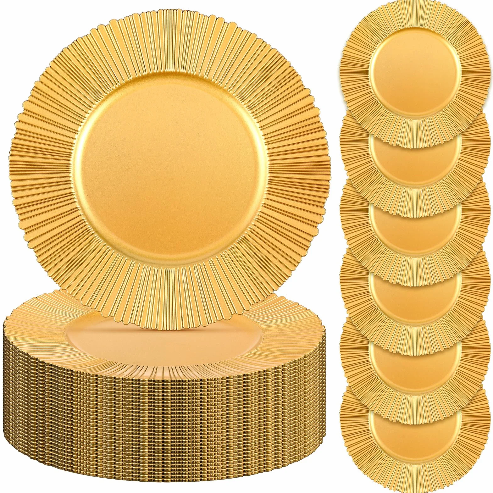 Yaomiao Paquete de 50 platos de carga dorados de 13 pulgadas, cargadores de platos de plástico redondos para boda, fiesta, mesa, despedida de soltera, decoración de eventos