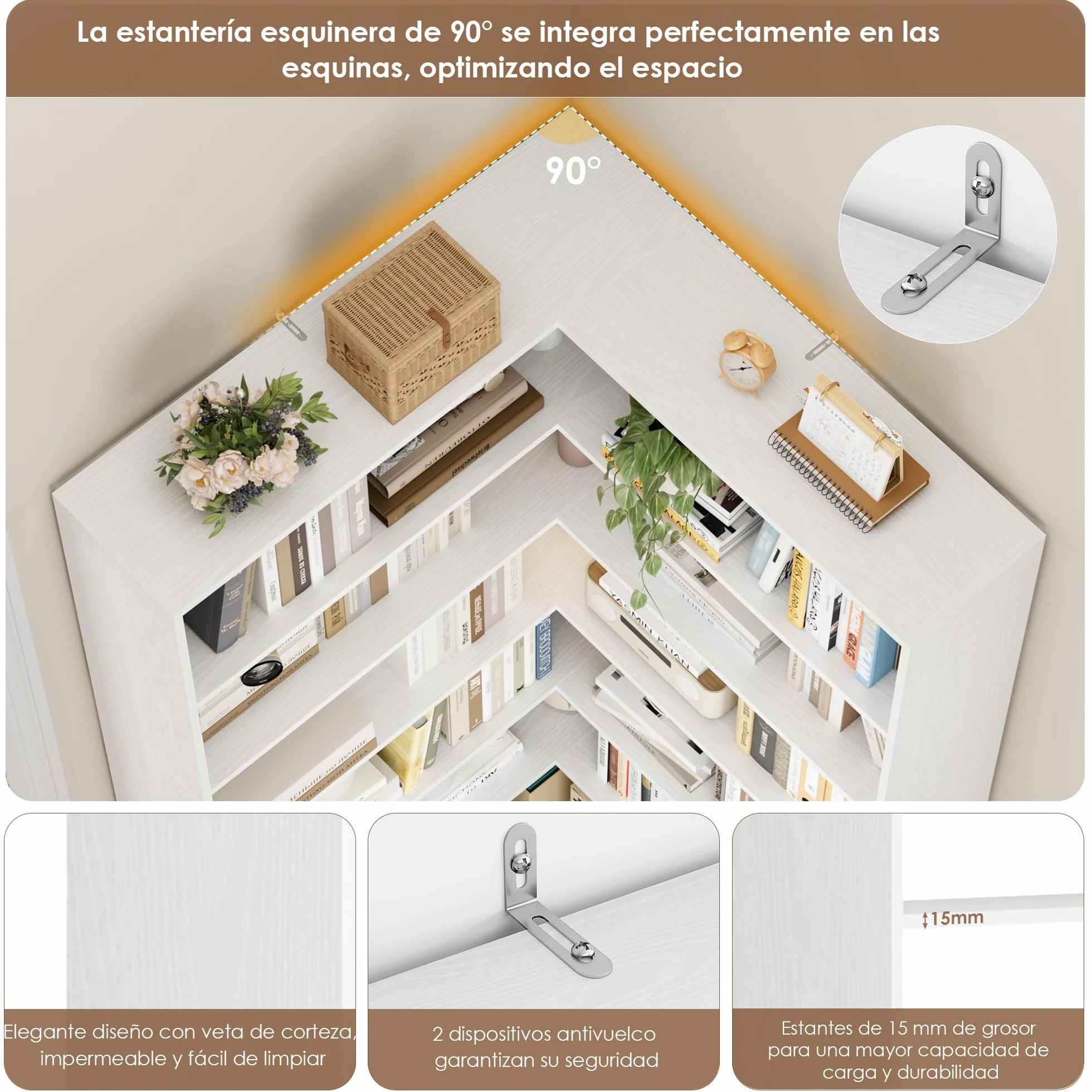 FirFurd 190.5cm Estantería Esquina 6 Niveles, Estantería Libros, Librería Salón, Estanterías Almacenaje Madera, Libreria Estanteria, con 12 Compartimentos, para Salón, Oficina, Estudio (Blanco)