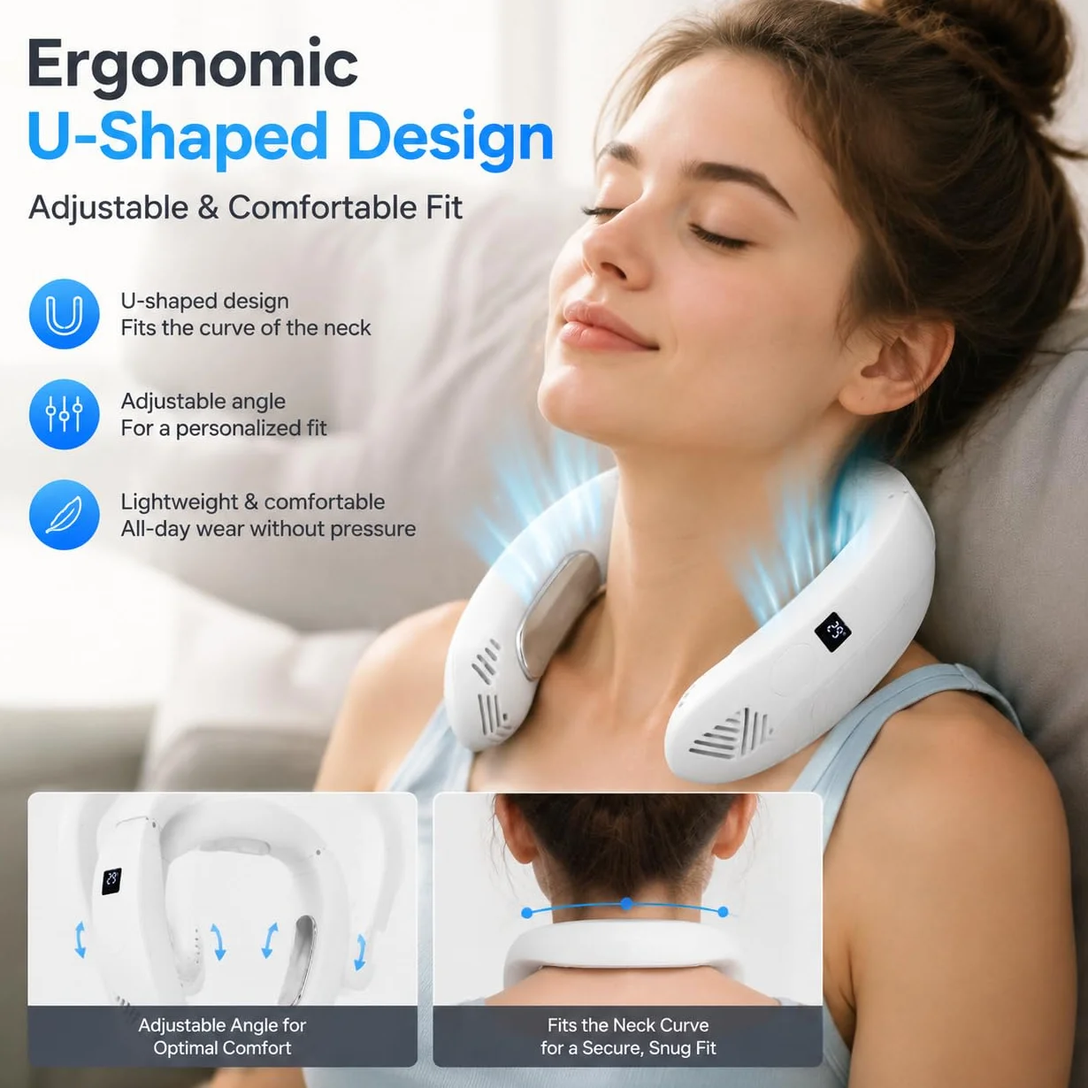 Ventilador de cuello portátil, aire acondicionado portátil con modos de refrigeración y calefacción, recargable de 3500 mAh, dispositivo de refrigeración personal sin cuchillas