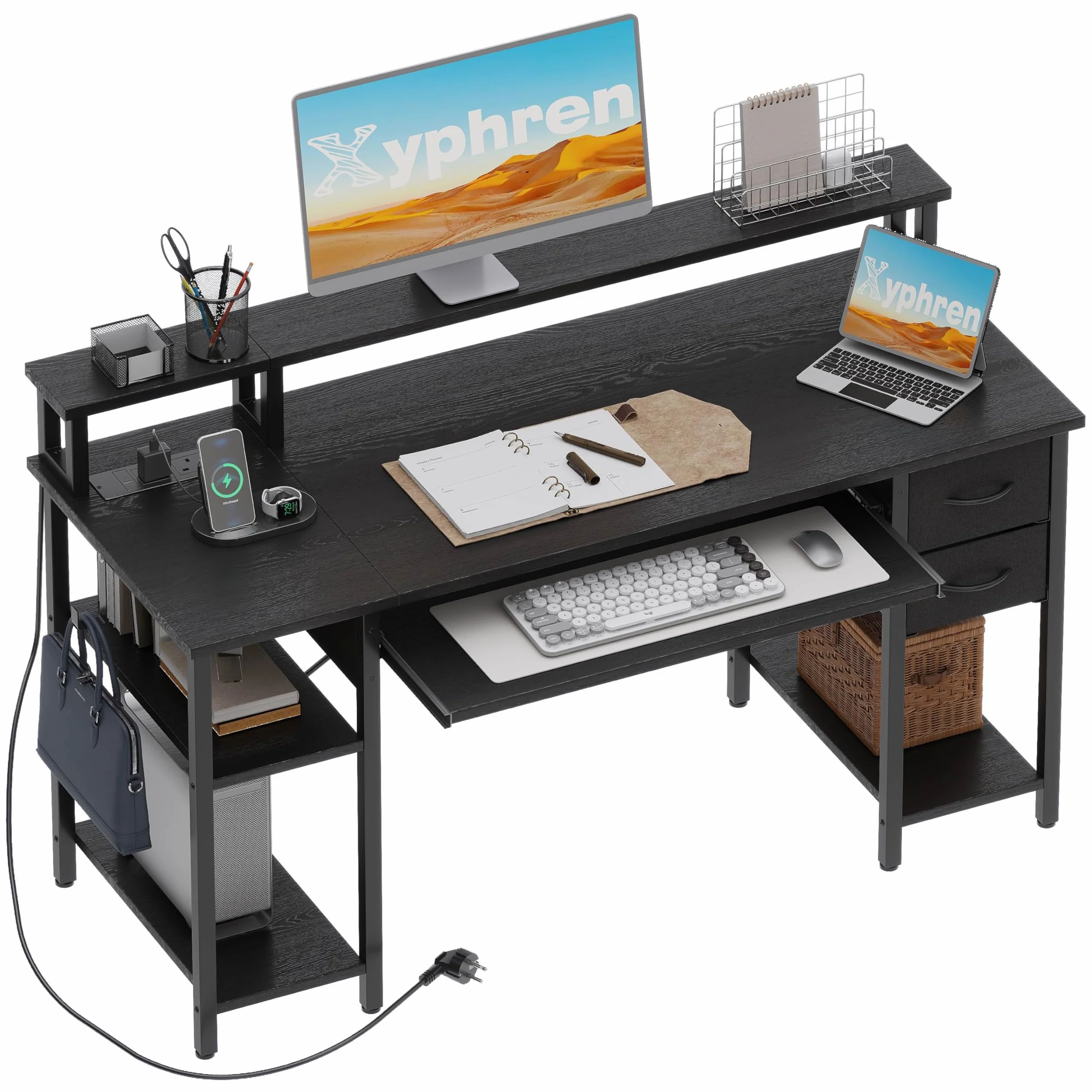 Escritorio con 2 cajones, 140 * 50cm Estante Lateral Ajustable en Altura, Soporte Monitor, Enchufe y Bandeja Teclado, Escritorio Gaming para Home Office, Oficina y salón, Negro
