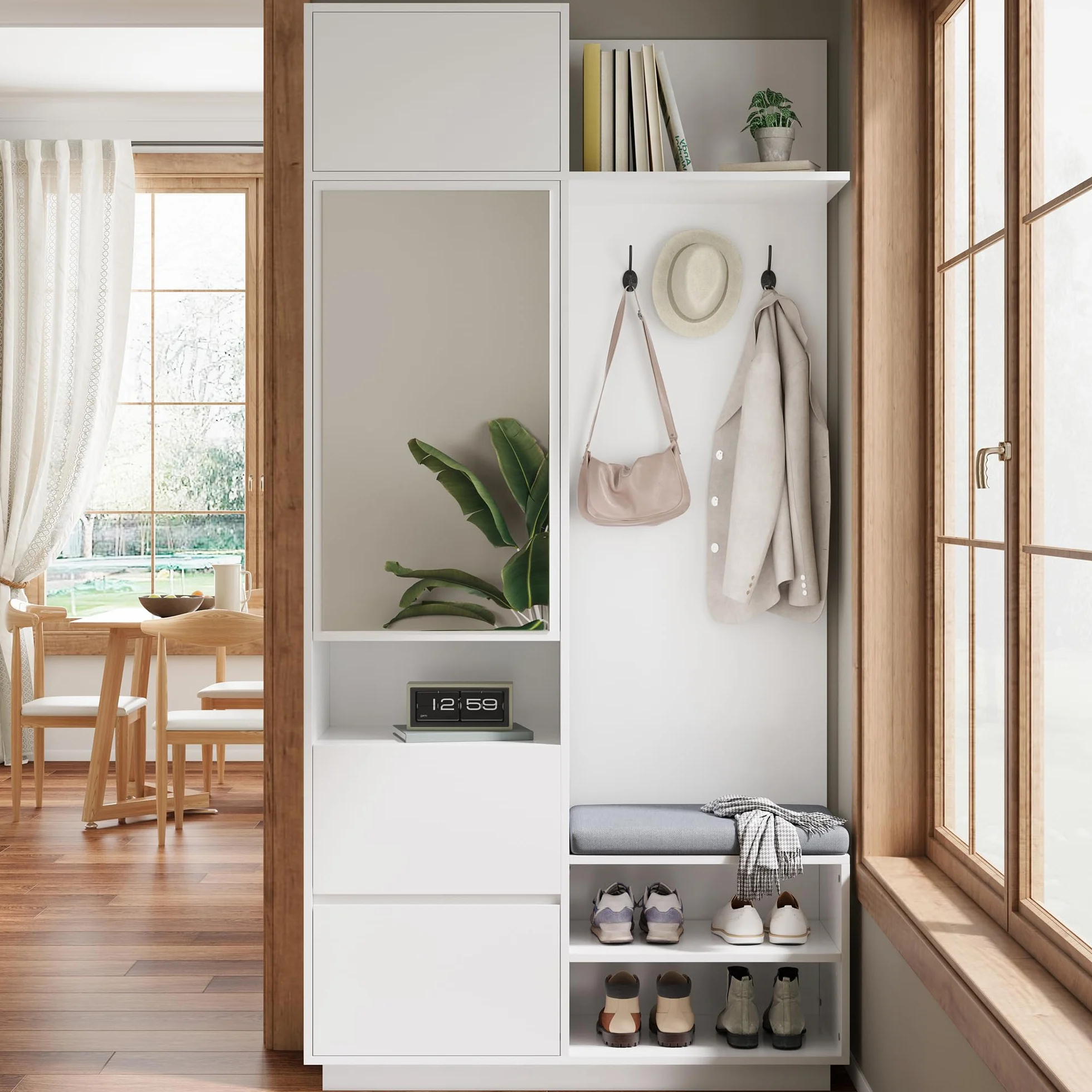 Perchero compacto con espejo, banco y zapatero, perchero de pasillo con gancho y estante, juego de muebles de pasillo que ahorra espacio para pasillo y entrada, 90 x 34,5 x 190 cm (blanco)