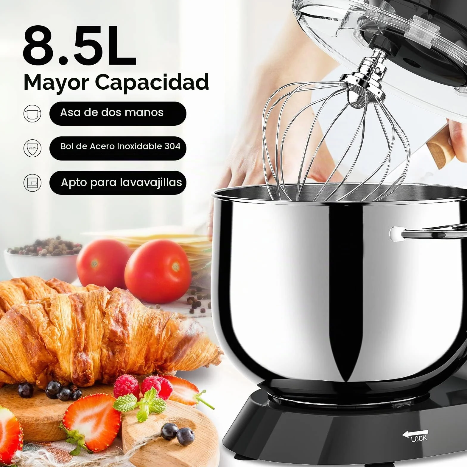 Batidora Amasadora Vezzio 8.5L Repostería Profesional 1500 W 6 Velocidades Robot de Cocina Batidora Multifunción Bajo Ruido Bol de Acero Inoxidabl, Amasador, Batidor y Varillas (Black)