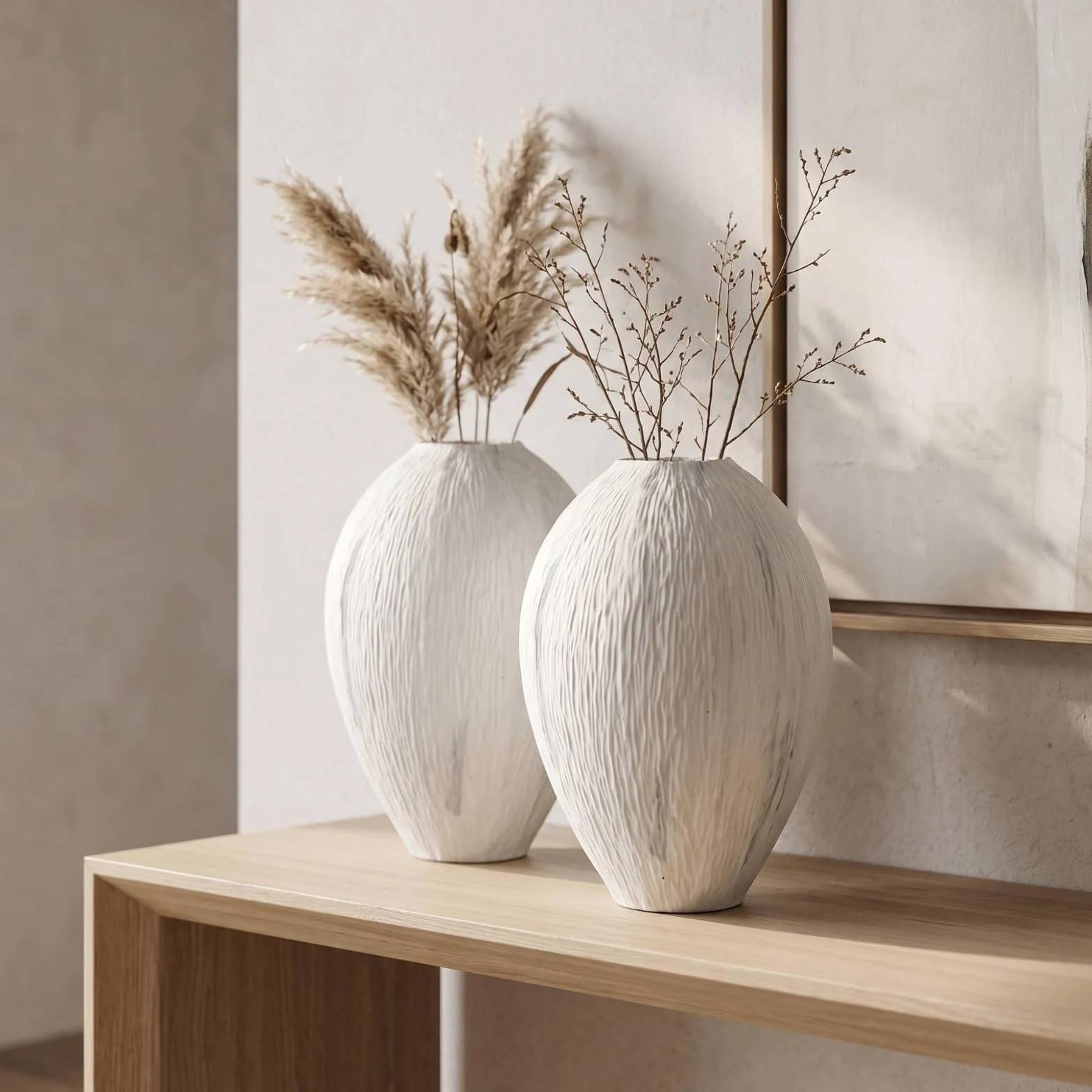 Jarrón de Cerámica Florero Botella Ornamento Superficie Estriada Hecha a Mano y Silueta con Cuello Estrecho Base Estable para Estanterías Recibidor, Envejecido, 24.5 24.5 H28cm