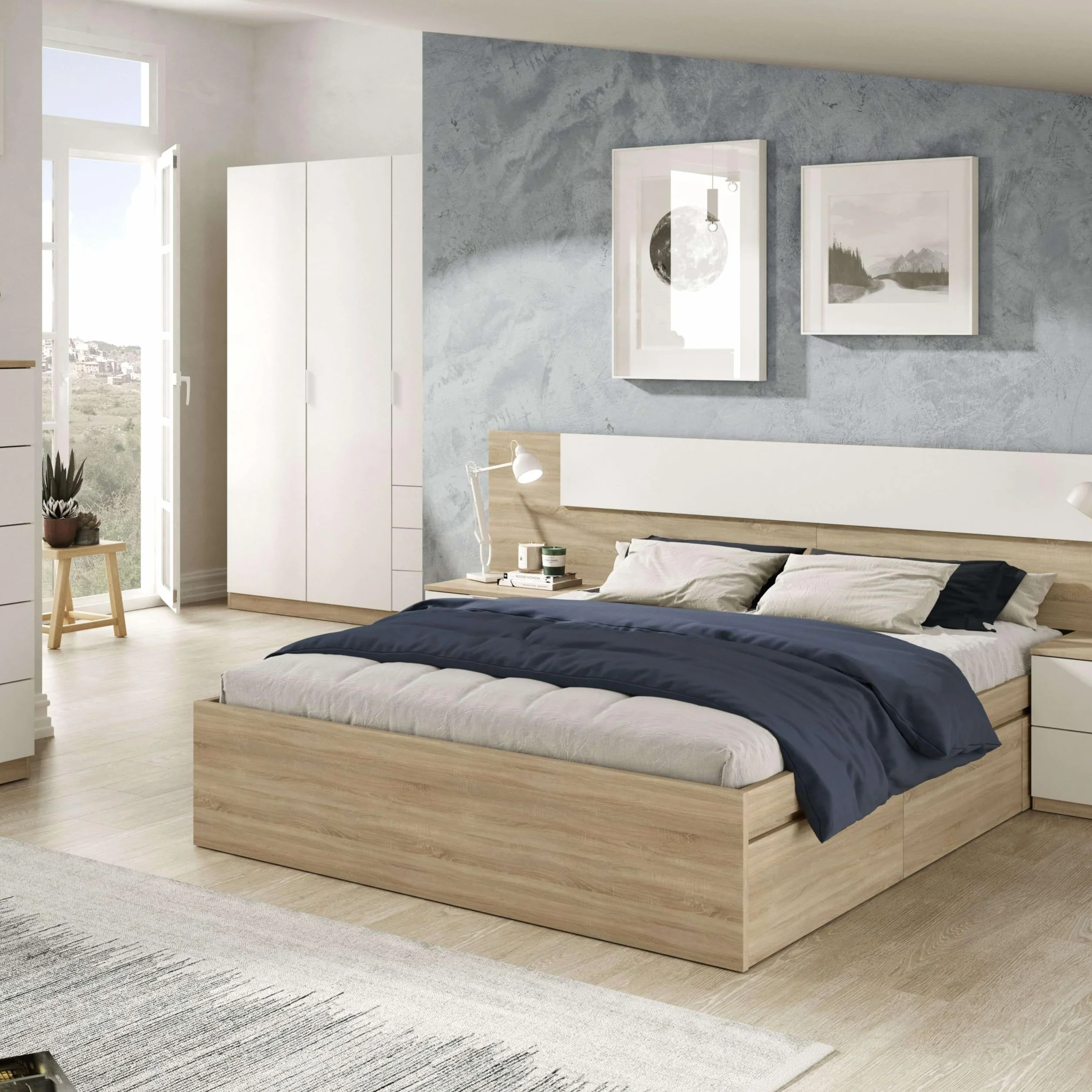 Miroytengo Pack Muebles Dormitorio Matrimonio Luca Completo Color Roble Y Blanco Habitación Moderno (cabecero + Armario)