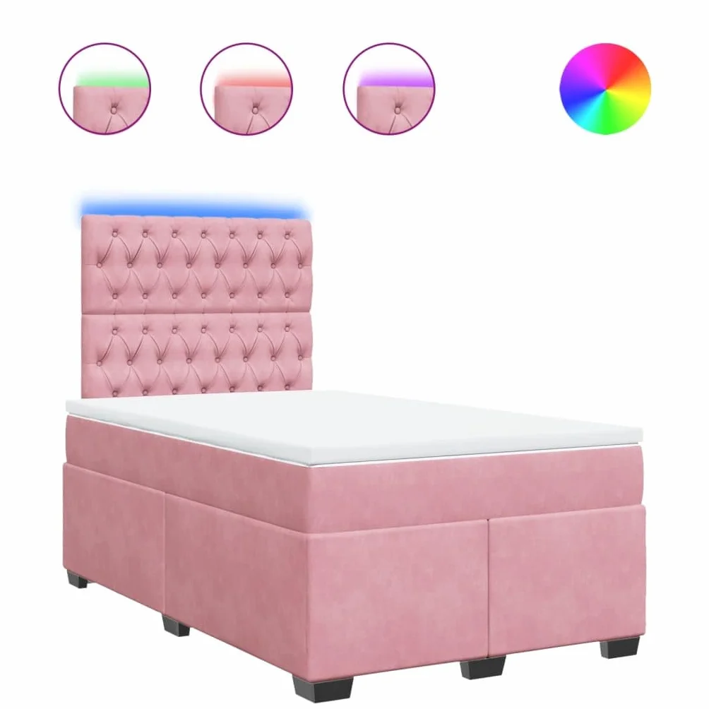 Cama con somier rosa de terciopelo 120 x 200 cm con LED USB, cabecero regulable en altura regulable, colchón de resistencia media para jóvenes, dormitorios, habitaciones de invitados