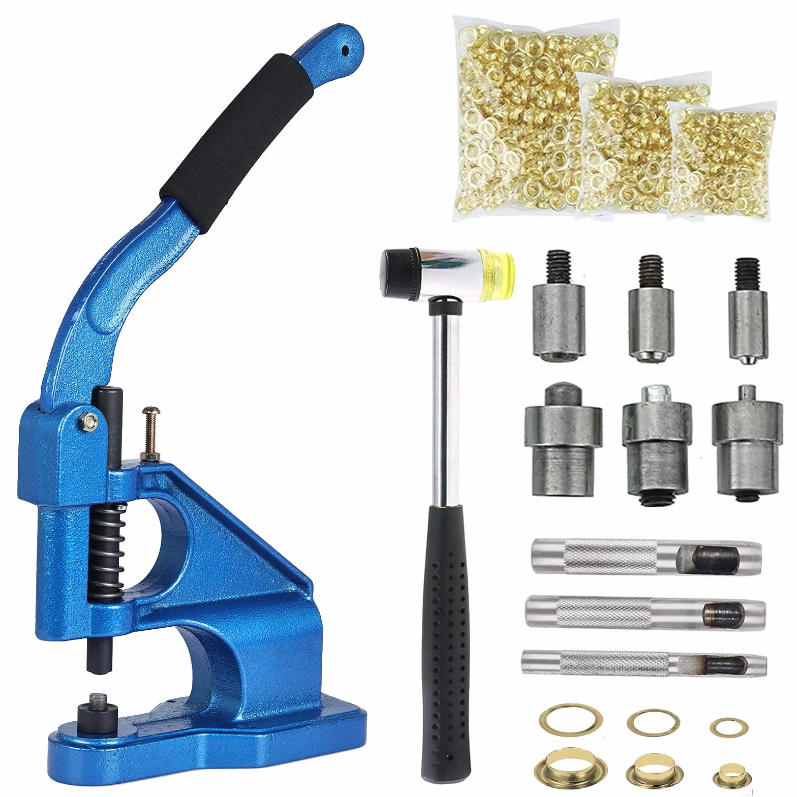 FreeTec Prensa manual con ojales, 6/10/12 mm, juego de prensador de ojales con 3 matrices, 1500 ojales dorados, juego y martillo para lonas, ropa, cinturón de cuero