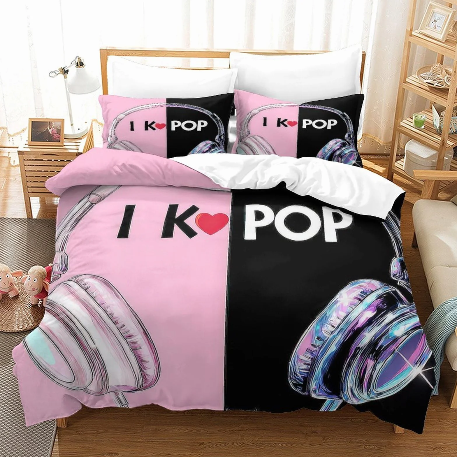 Funda Nórdica 3D Impresa K-Pop Música Microfibra Decoración Dormitorio Juego de Ropa de Cama Auriculares Jóvenes Adultos Super King（260x220cm）