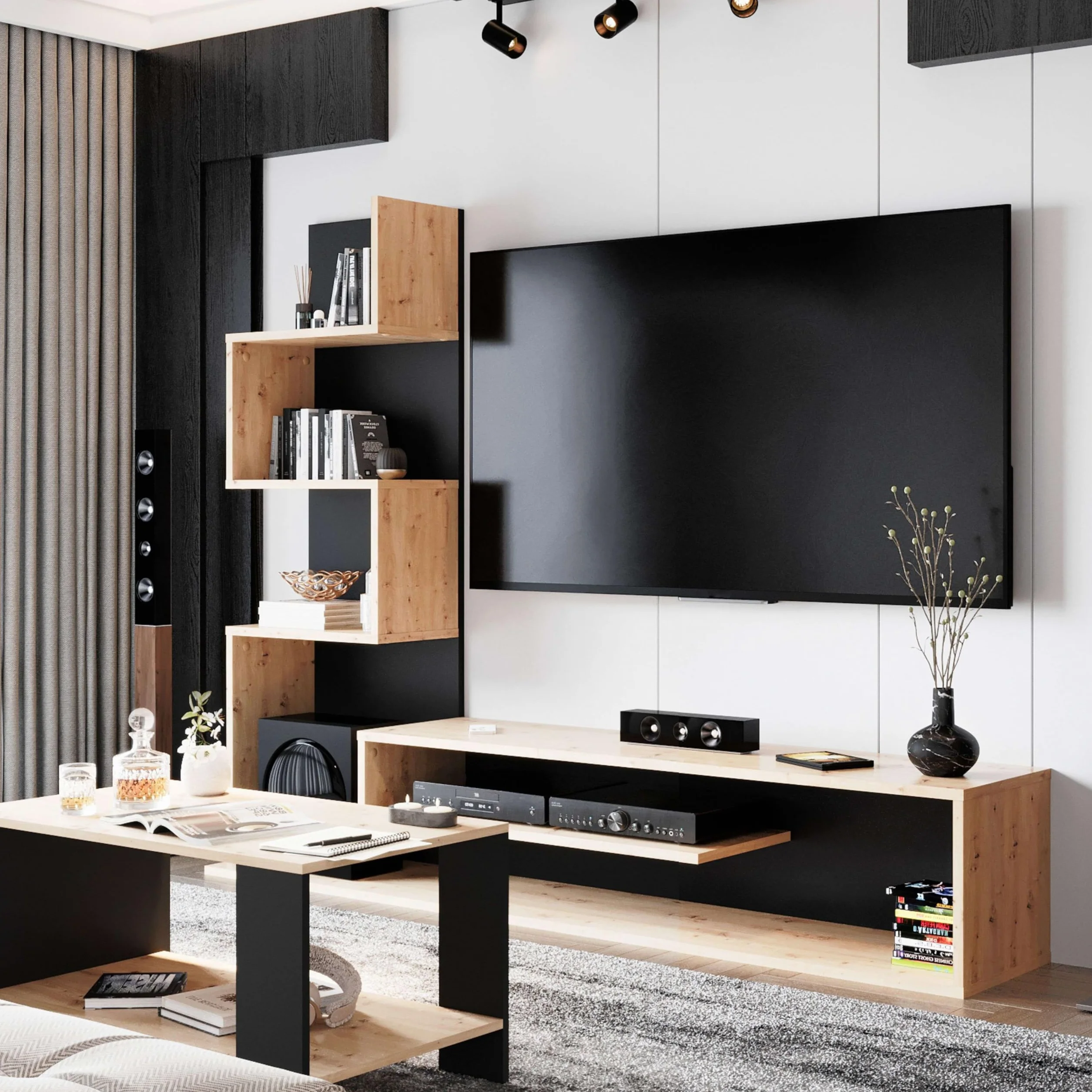 Miroytengo Módulo de TV para Salón Comedor Snake Estilo Industrial en Color Roble Artesano y Negro con 4 Estantes 160x130x29 cm