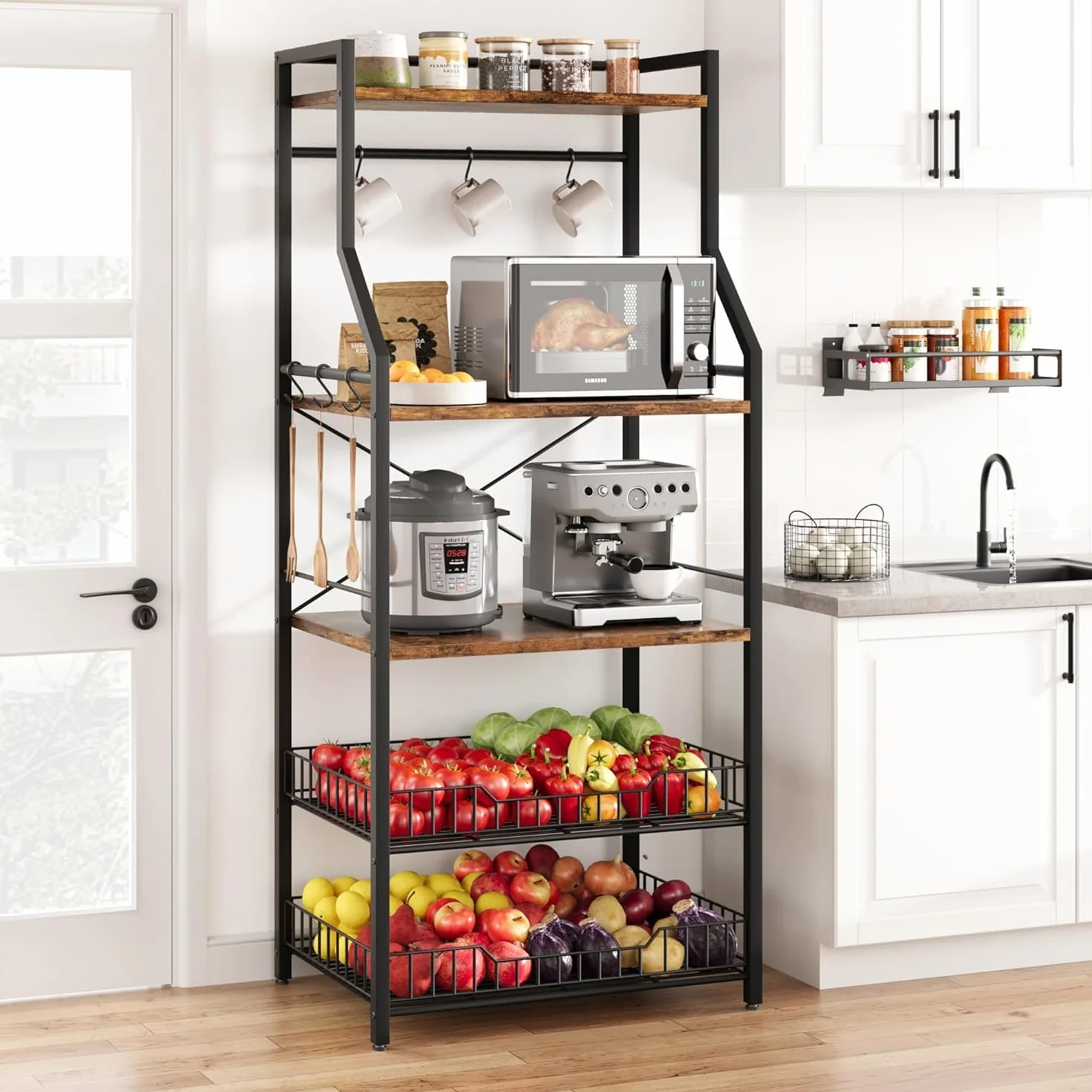 Garvee Mueble microondas Cocina con Gran Capacidad,Estantería 5 Niveles para Microondas de Cocina,con 6 Ganchos para Especias y Organizador de Ollas,60 * 40 * 146 cm(Marrón)
