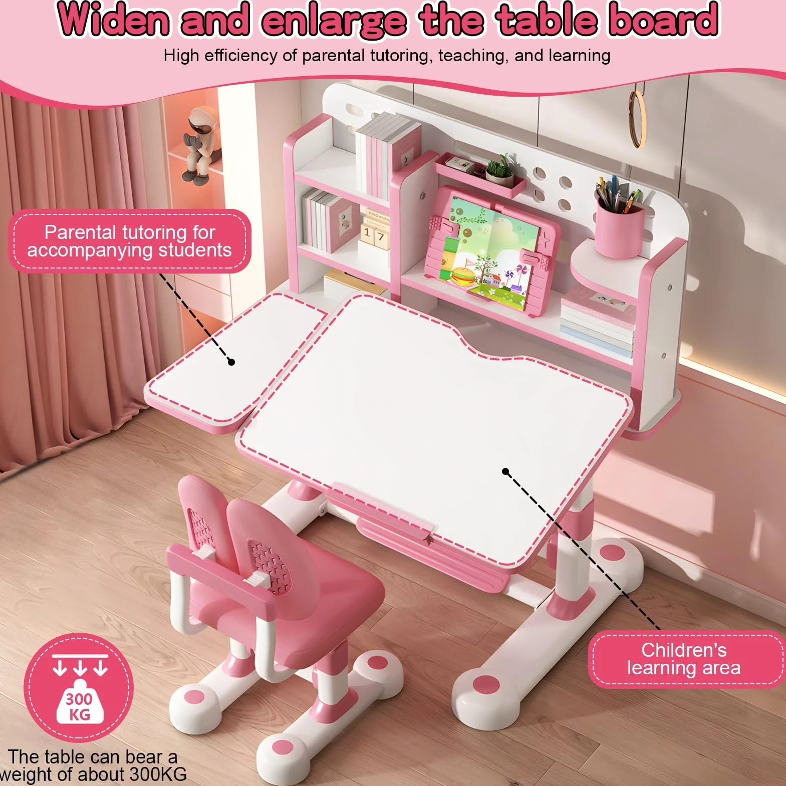 Juego de escritorio y silla de estudio para niños, altura ajustable, silla de mesa de estudio para niños, escritorio escolar con mesa ampliada inclinable, cajones de almacenamiento grandes, estantería