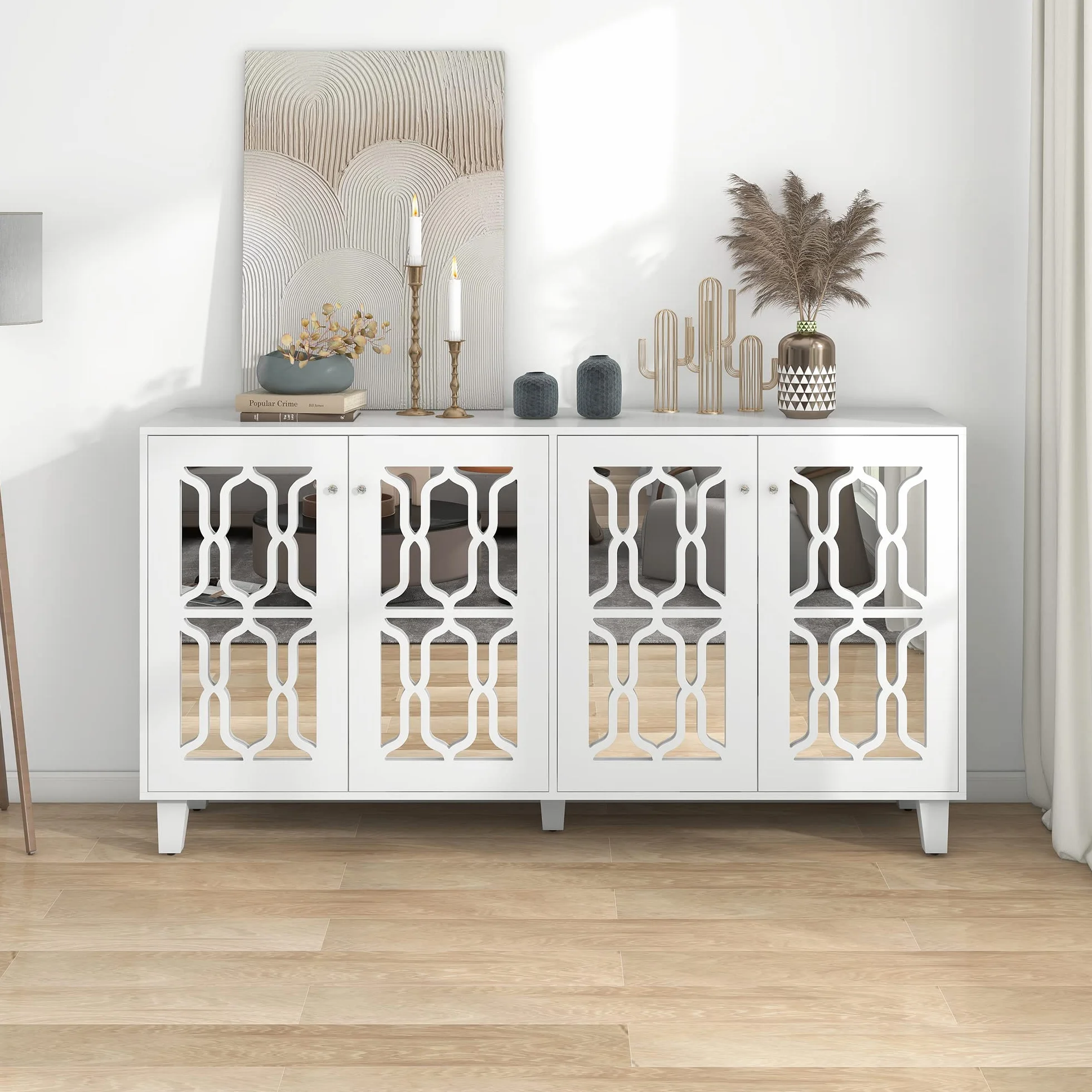 Moimhear Hogar y vivienda, muebles de espejo con asas de cristal fresco, cuatro puertas, con laminado móvil, para salón y comedor, 160 x 40 x 84 cm (blanco)
