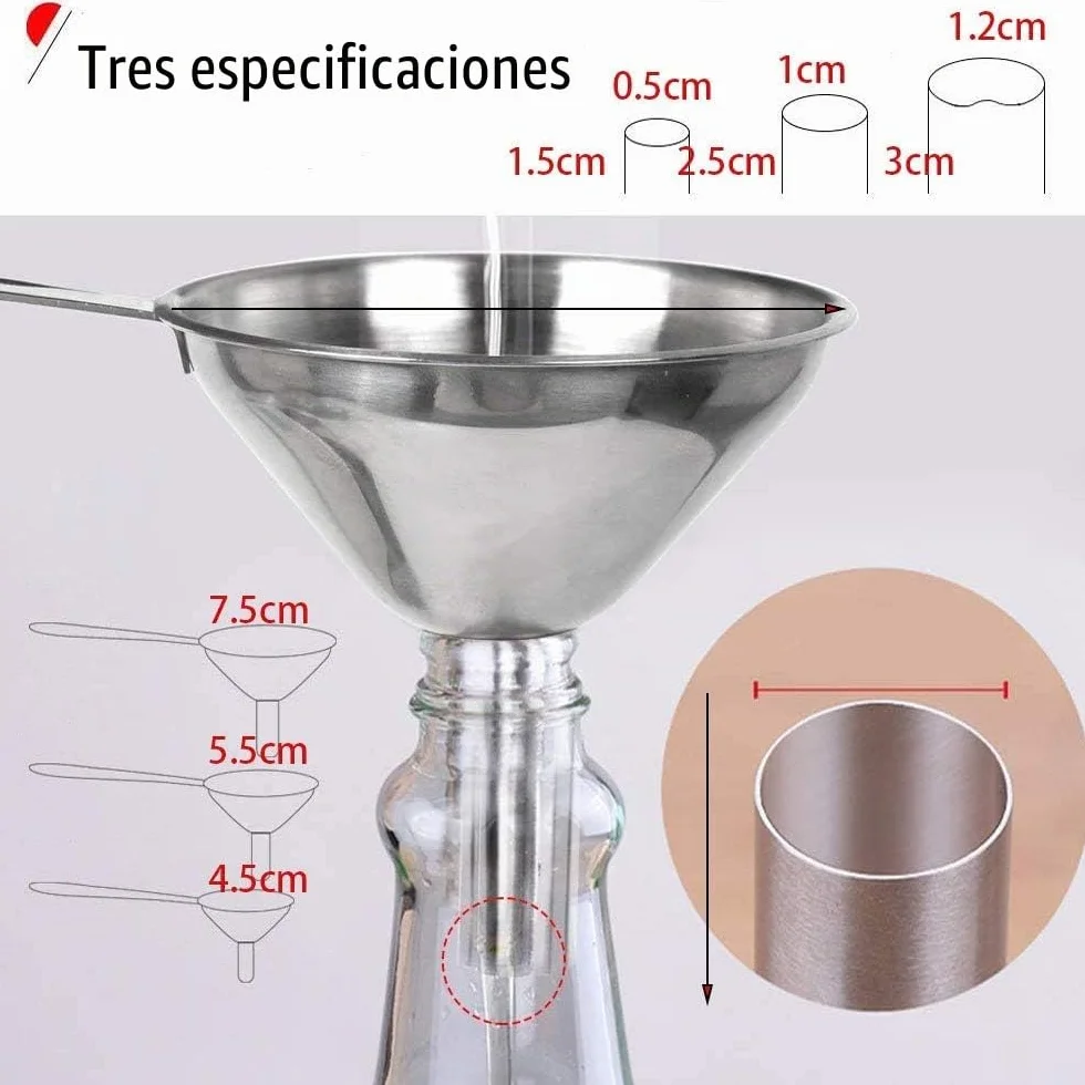 Embudos de Acero Inoxidable, 3 Piezas Embudo de Cocina con Mango Largo para Transferir Líquidos y Polvo