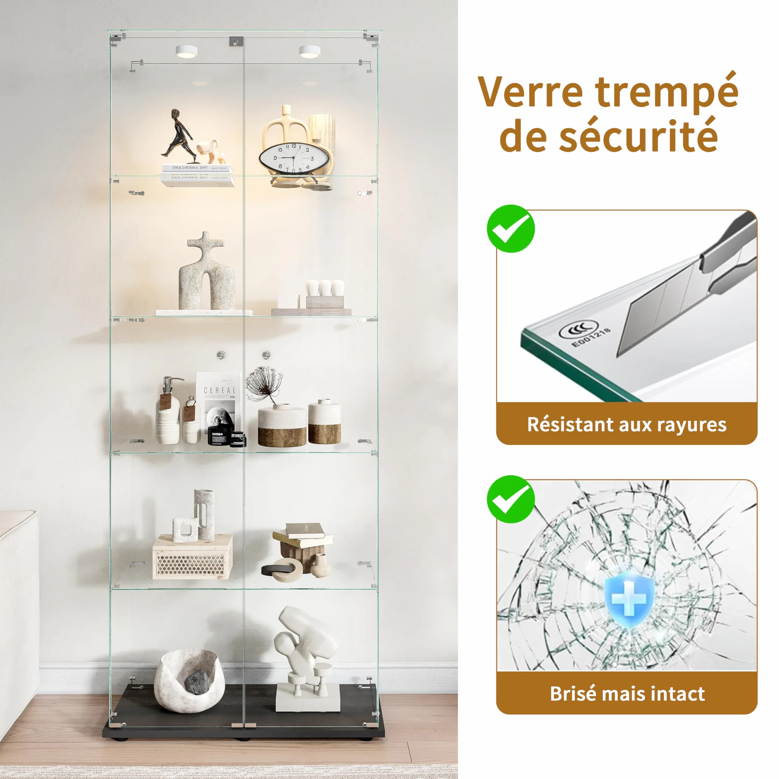 Vitrina de cristal con 2 puertas 5 estantería, mueble vitrina de cristal LED con cerradura, armario de cristal, vitrina de cristal con portavitrinas a pie para colecciónescaparate columna