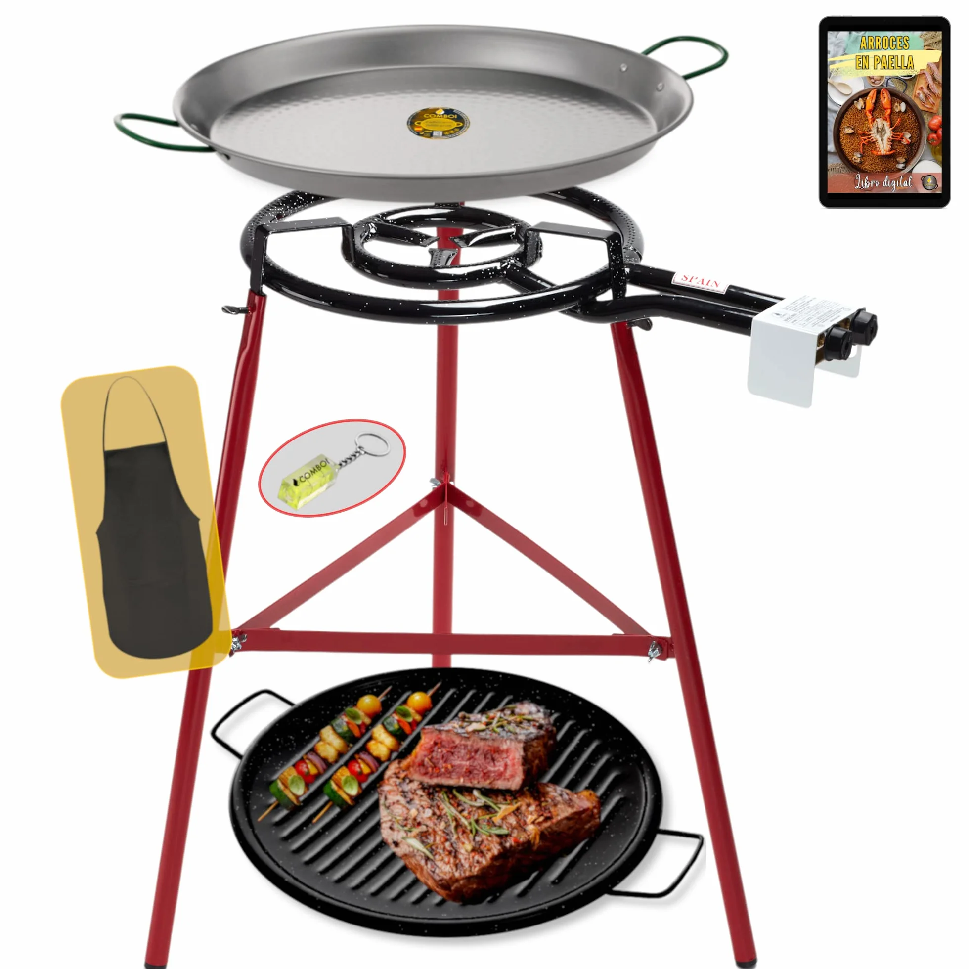 COMBOI Kit Paellero-Quemador de gas butano 40 cm de 2 fuegos, paellera de 46 cm + asador grill 46 cm, Soporte Patas reforzadas, nivel, delantal, libro de recetas digital.