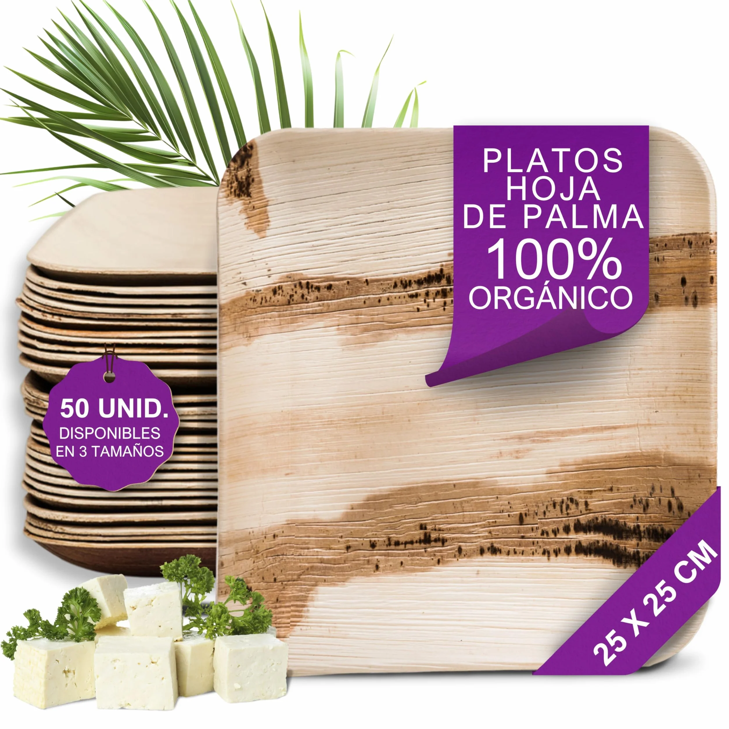 50 Platos Desechables de Hoja de Palma Orgánicos - Cuadrado 25x25 cm - Vajilla Ecológica Elegante - Estable, Natural y Compostable - Menaje para Fiestas, Barbacoas y Picnic