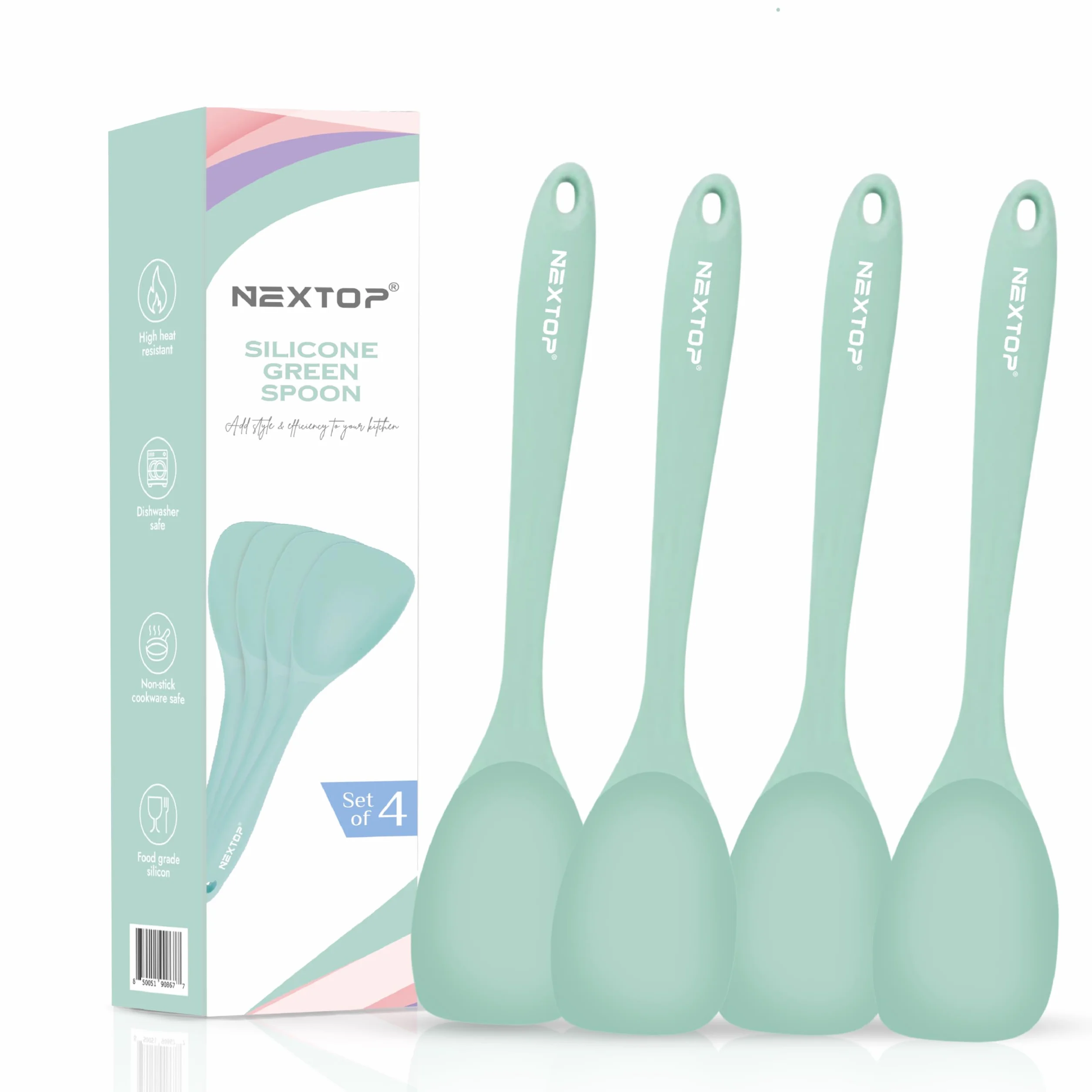 NEXTOP Juego de 4 espátulas de silicona – Cuchara de goma antiadherente resistente al calor, utensilio raspador de cocina de silicona sin costuras – raspadores para mezclar, hornear y cocinar (verde)