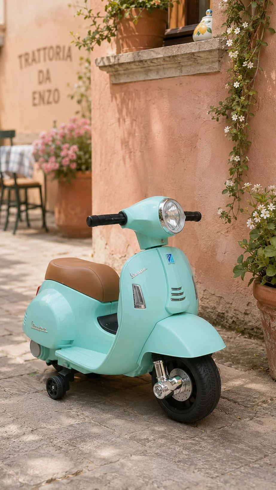 Turbo Challenge - Vespa GTS - Portador Eléctrico - 119151 - Scooter - Verde Agua - Listo para Rodar - Máximo 25Kg - Plástico - Baterías Recargables - A Partir de 24 Meses
