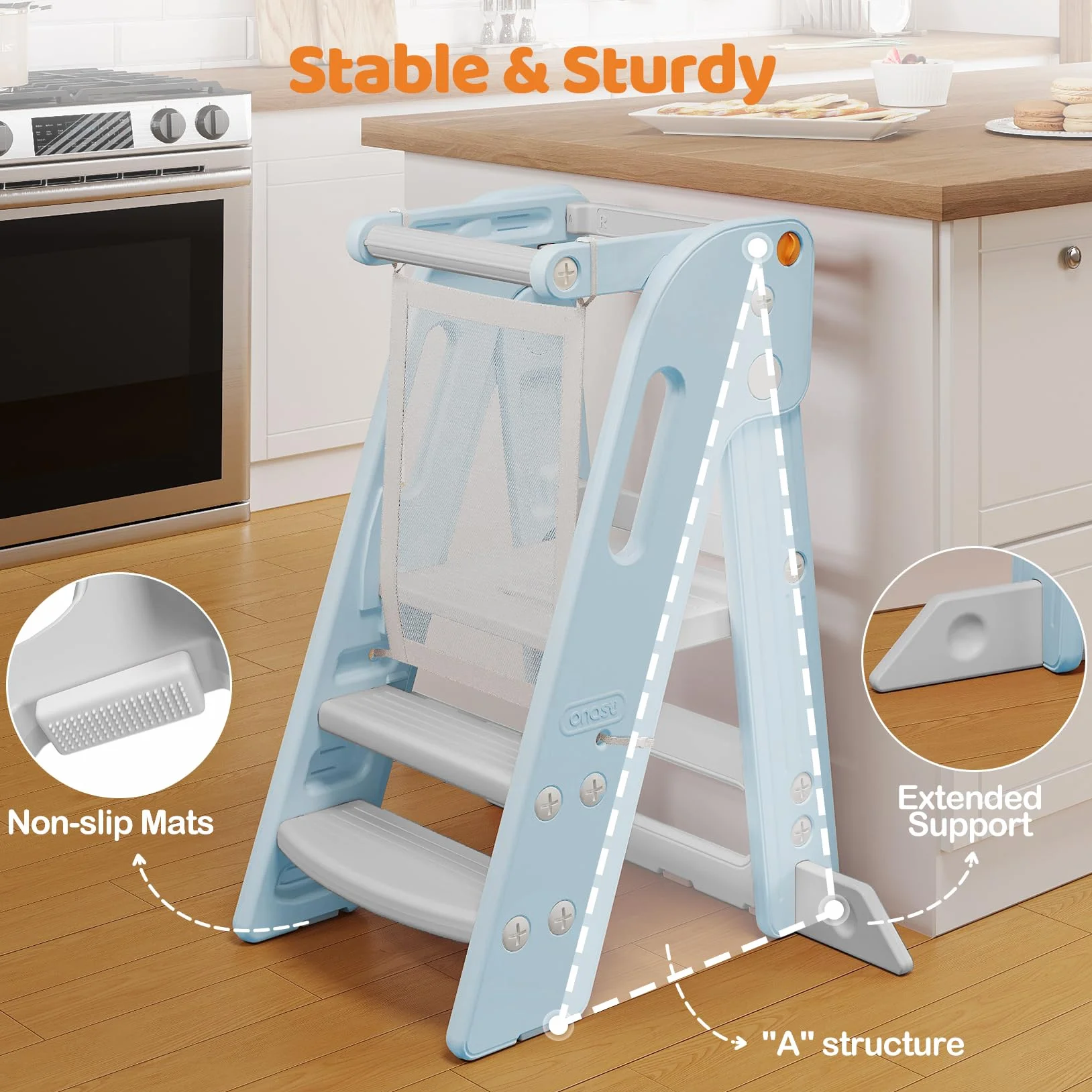 Onasti Torre de Aprendizaje Montessori Plegable Ajustable 2-3 Escalones Azul