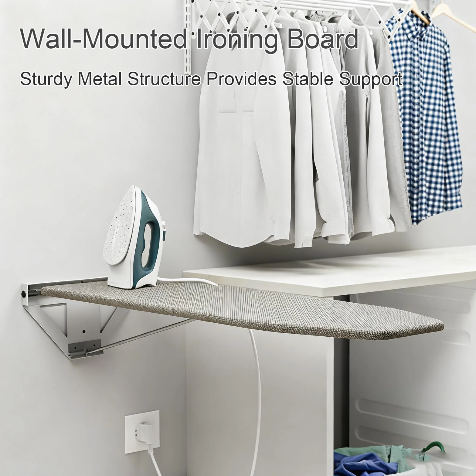 Mesa Planchar Plegable de Pared, Compacta y Compacta Tabla de Planchar para Lavandería, Ironing Board con Soporte Metálico