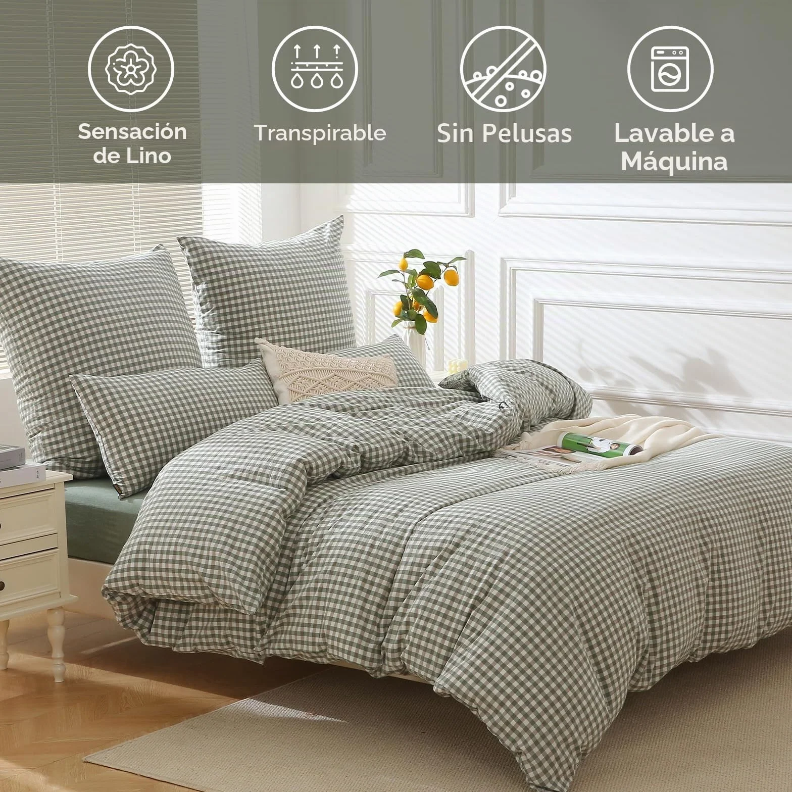 SOULFUL - Funda de edredón de 240 x 260 cm, algodón con 2 fundas de almohada de 65 x 65 cm, 100% algodón lavado, certificado Öeko-Tex, verde juego de cama de 2 personas, 240 x 260 adultos algodón con