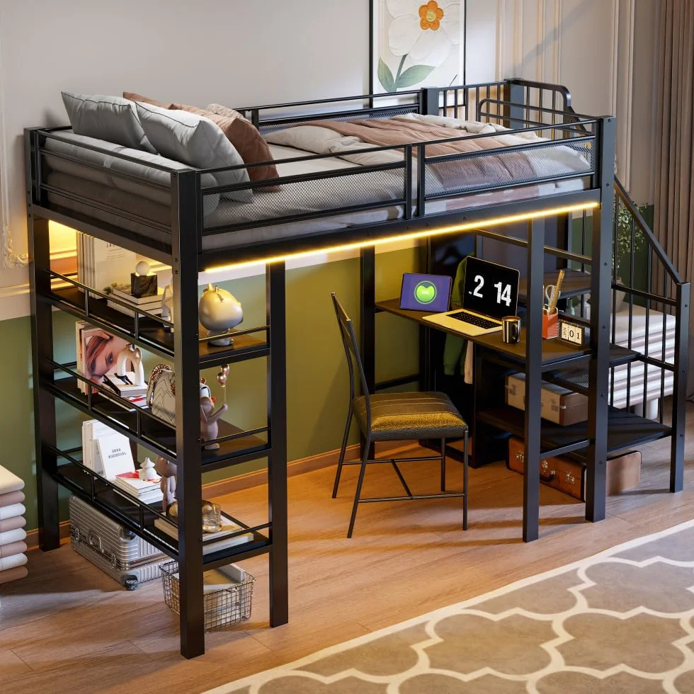 Cama alta de 90 x 200 cm con tira luminosa LED y toma de corriente, cama de hierro forjado con compartimento de almacenamiento y librería, cama individual de metal multifuncional, sin colchón