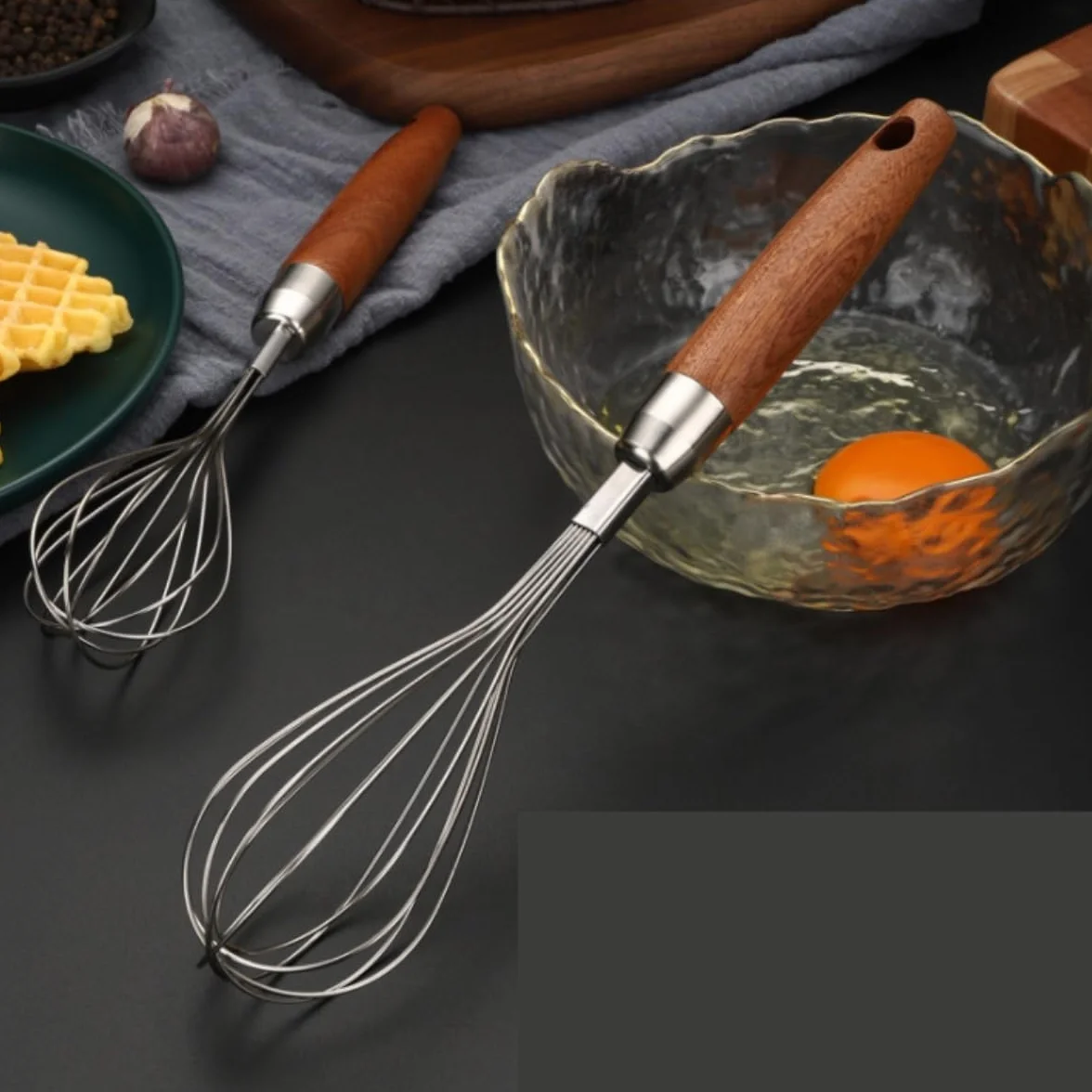 Batidor Huevos Batidor Manual For El Hogar con Mango De Madera Acero Inoxidable, Huevos, Harina, Crema, Herramientas For Hornear Utensilios Cocina(27.5x6cm)