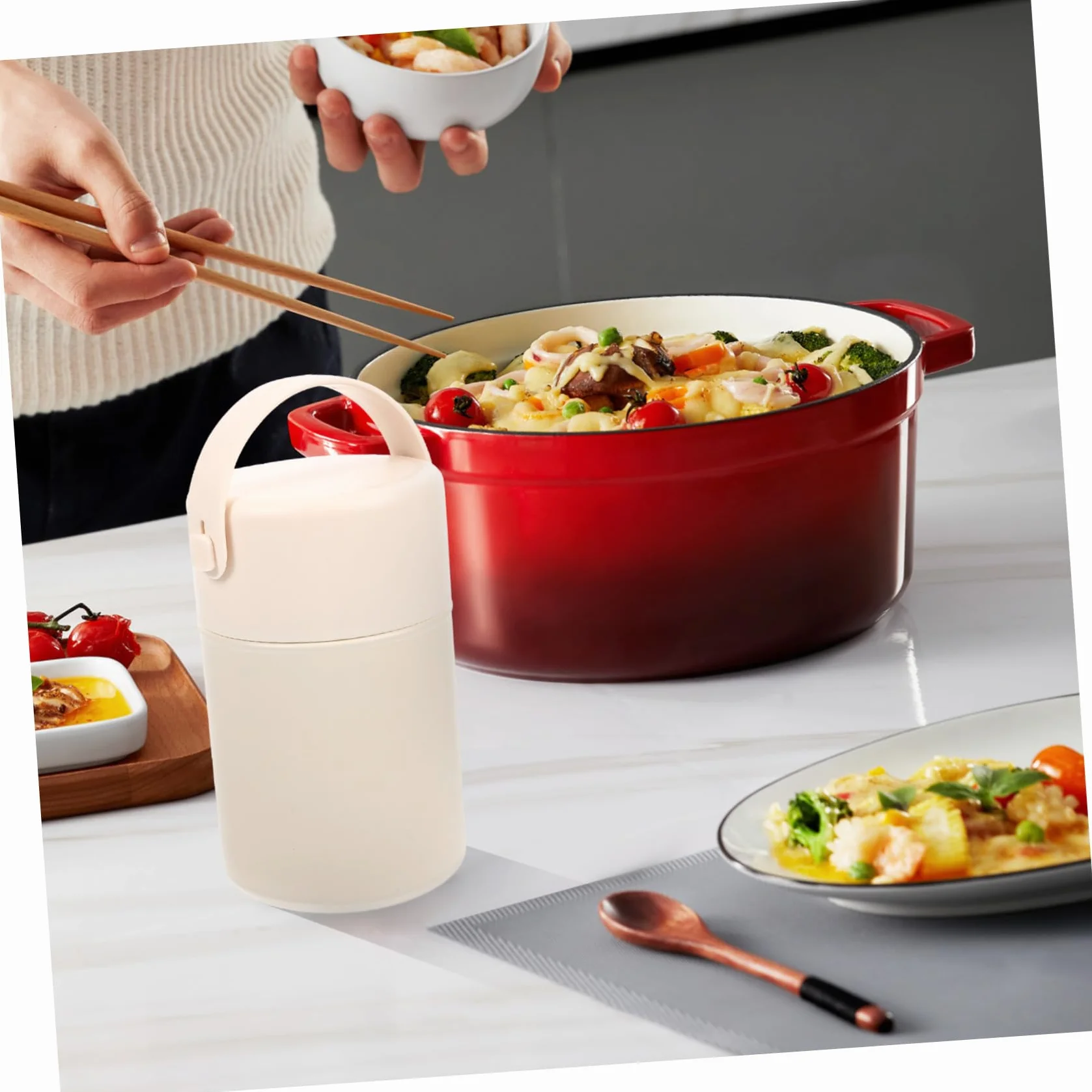 Tarro Aire Calor de al Actividades el Libre Mantiene Comida Térmico Acero Inoxidable 850ml Beige con Cuchara Asa, Fácil de Transportar