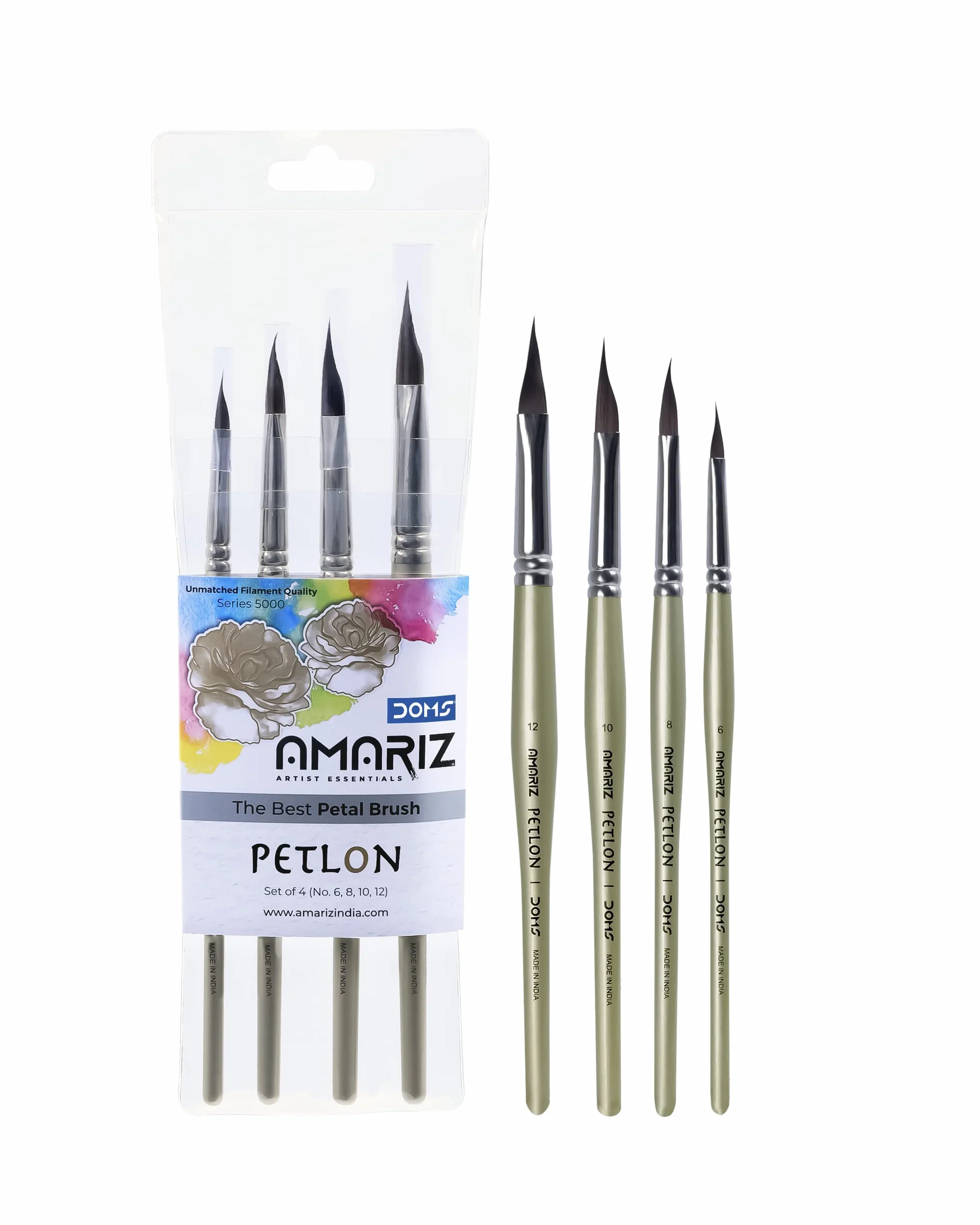 DOMS Amariz Artist Essentials - Juego de 4 pinceles de pétalos de petlon, ideal para estudiantes, profesionales y artistas aficionados, pincel para acuarela, acrílico, gouache, 4 tamaños: 6, 8, 10, 12