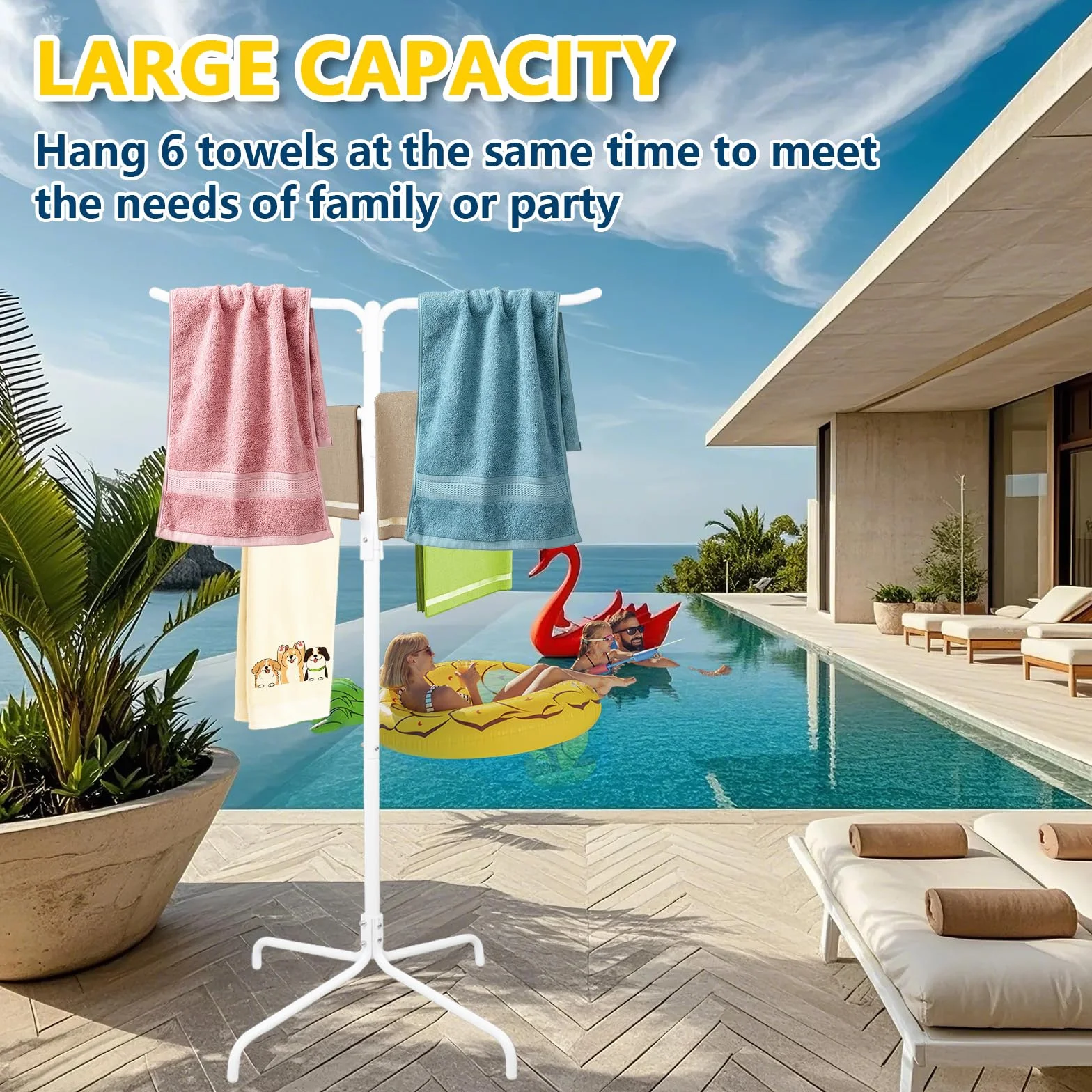 Toallero de piscina al aire libre, 6 barras de columna, toallero de pie, soporte ajustable para toallas de piscina y patio con base pesada (blanco