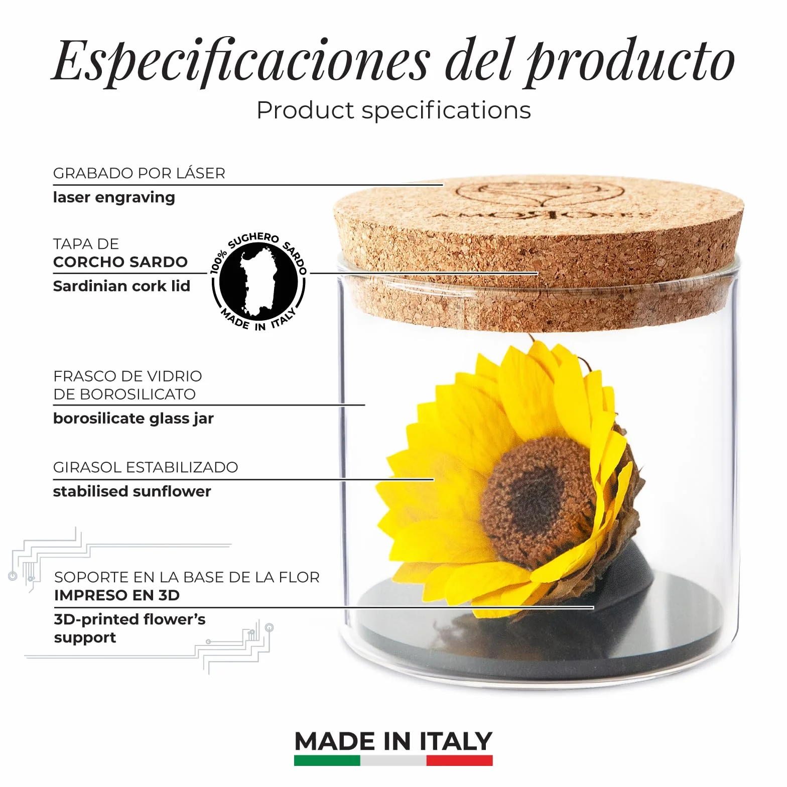 Amoroses Sunflo – Girasol estabilizado flor eterna en tarro de cristal | Idea regalo