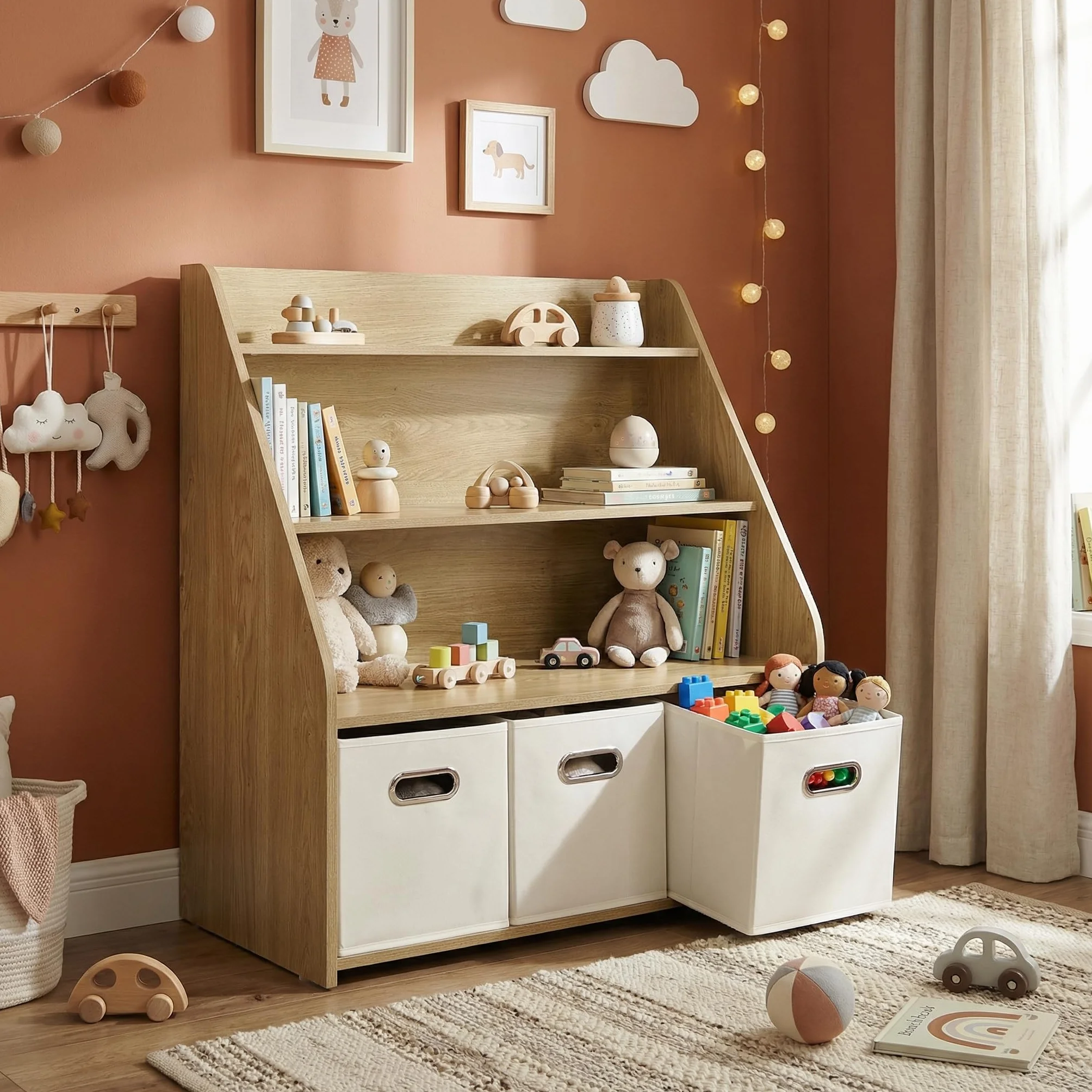 EFURDEN Estantería de Madera para niños con 3 cajones extraíbles, estantería para Juguetes y Libros 3 en 1 para habitación Infantil y Sala de Juegos, estantería de Almacenamiento Montessori