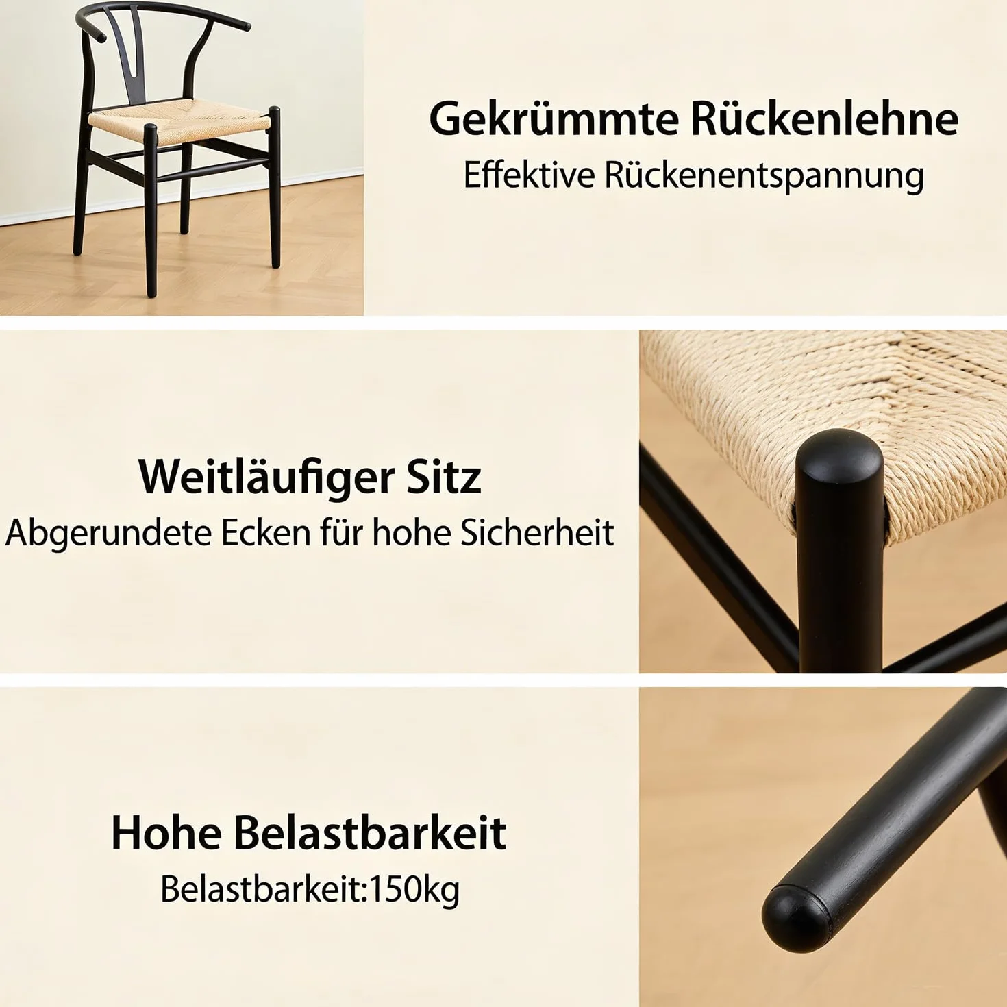 Juego de 4 Silla de Comedor Tejida Moderna, Cojín de Ratán de Alta Densidad, Patas de Metal Negro, Adecuada para Comedor, Sala de Estar, Cocina （Marco de Metal Negro）