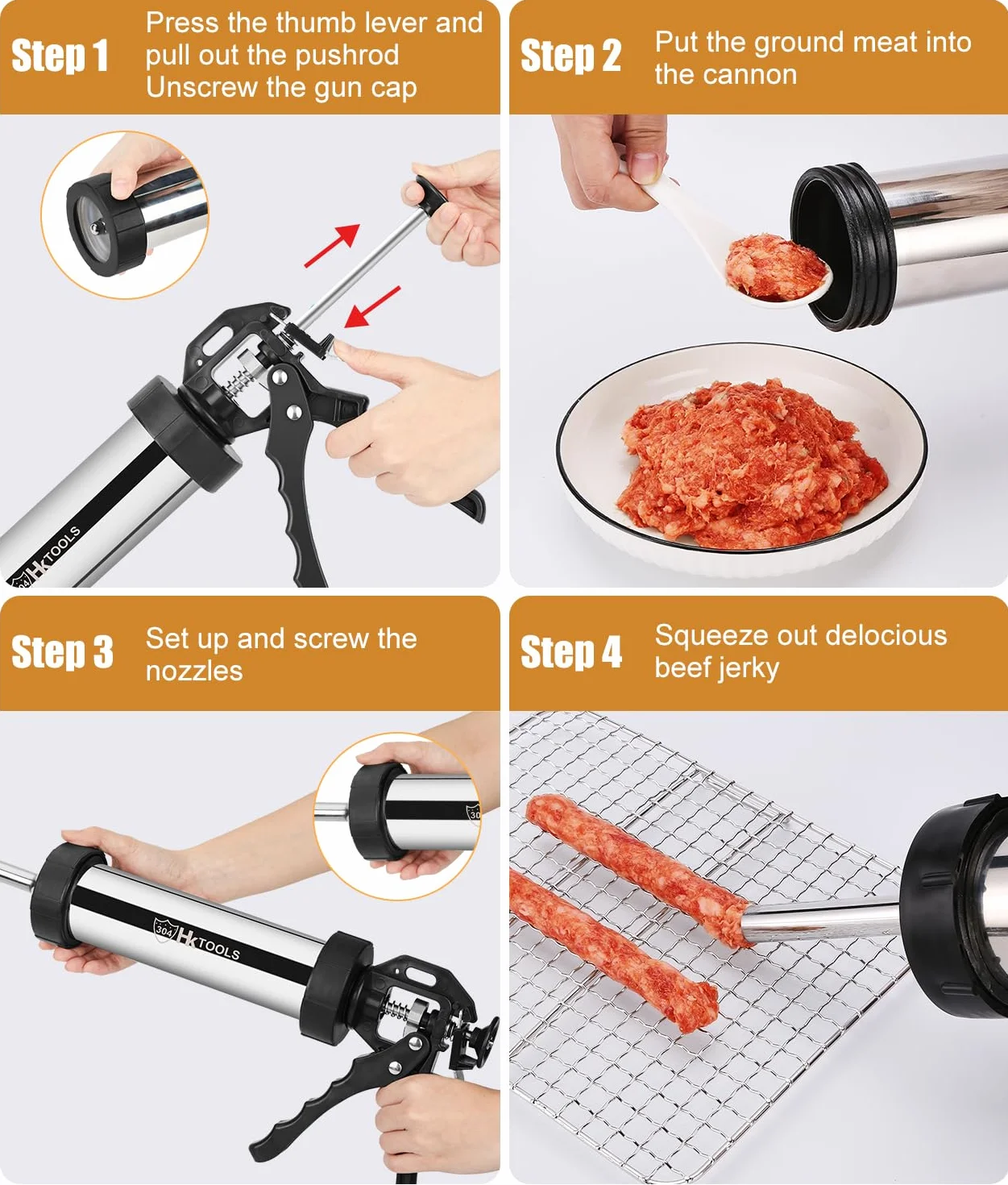 HK Kits de pistola de cecina, pistola para hacer cecina, máquina de albóndigas, pistola de acero inoxidable de 2.5 libras para hacer salchichas con 5 boquillas de acero inoxidable, 2 cepillos de