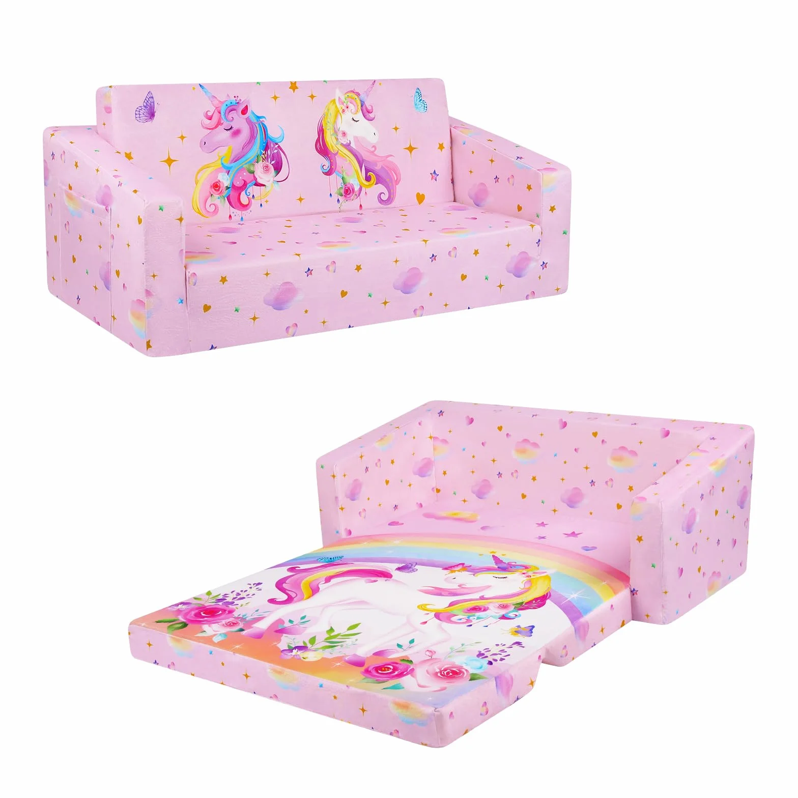 Grande Sofás Plegables para Niños Sillón 2 en 1, Sillón Infantil Convertibles Cómoda Estable con Bolsillo de Tela, Sofá Cama Asiento para Bebé para Dormitorio Sala de Juegos (Unicornio Rosa)