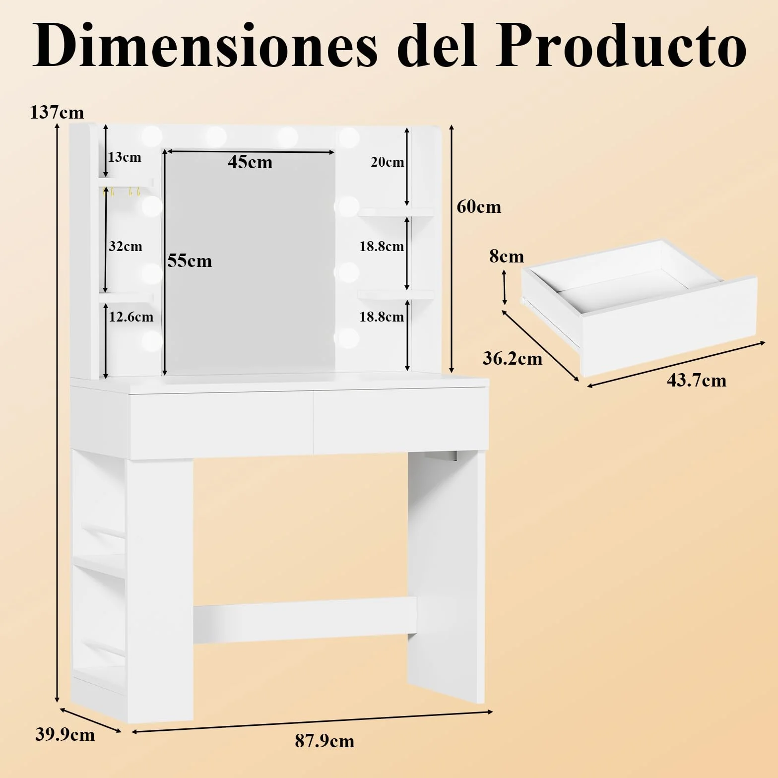 Devoko Tocador de Maquillaje con Luces LED,Brillo Ajustable,Tocador con Espejo,2 Cajones, Enchufe Eléctrico y Almacenamiento Lateral Abierto para Muebles de Dormitorio (Blanco)