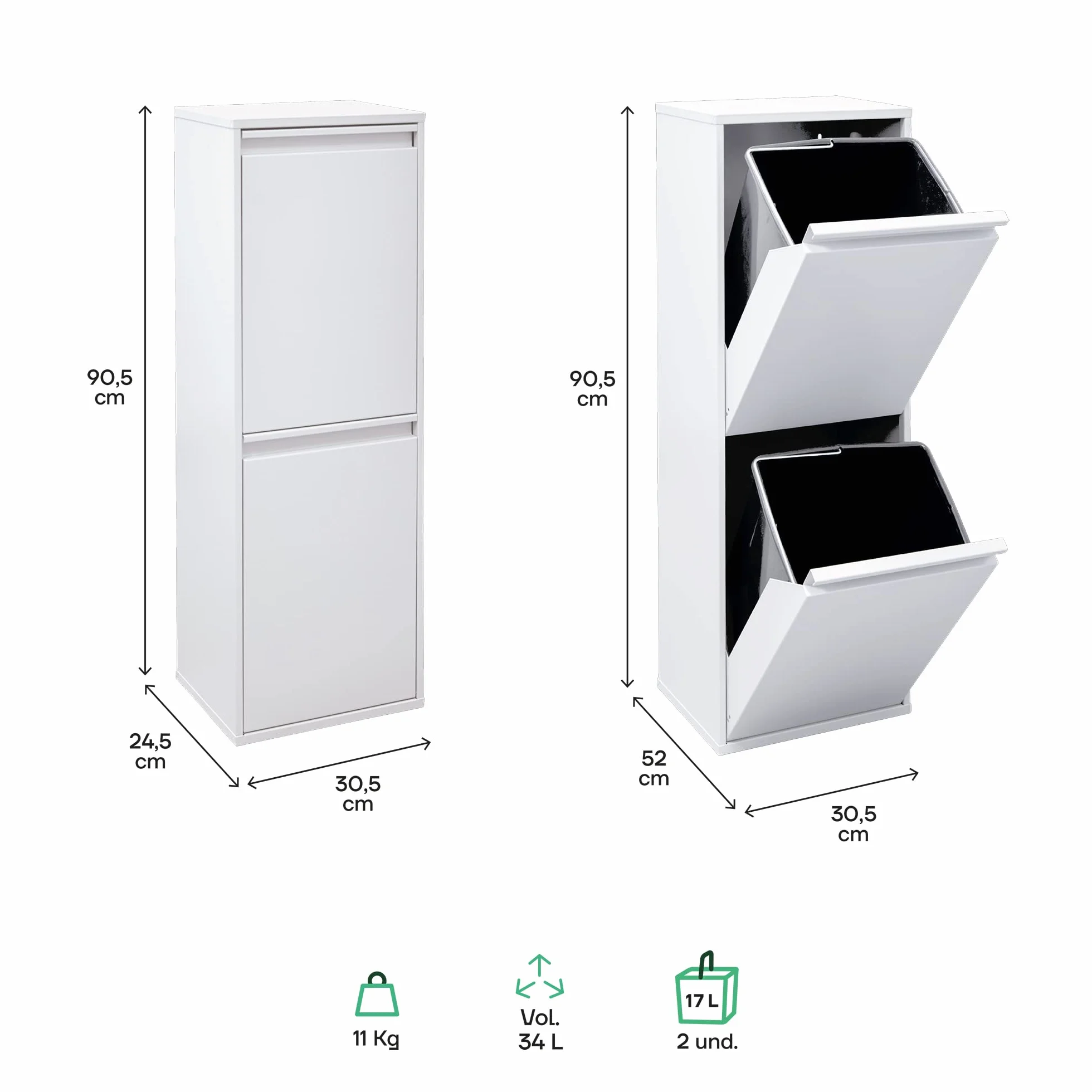 Arregui Basic CR201-B Cubo de Basura y Reciclaje de Acero de 2 Compartimentos | 2x17 L (34 L) | Cubos de Basura de Cocina | Contenedores de Reciclaje para Casa u Oficina | blanco
