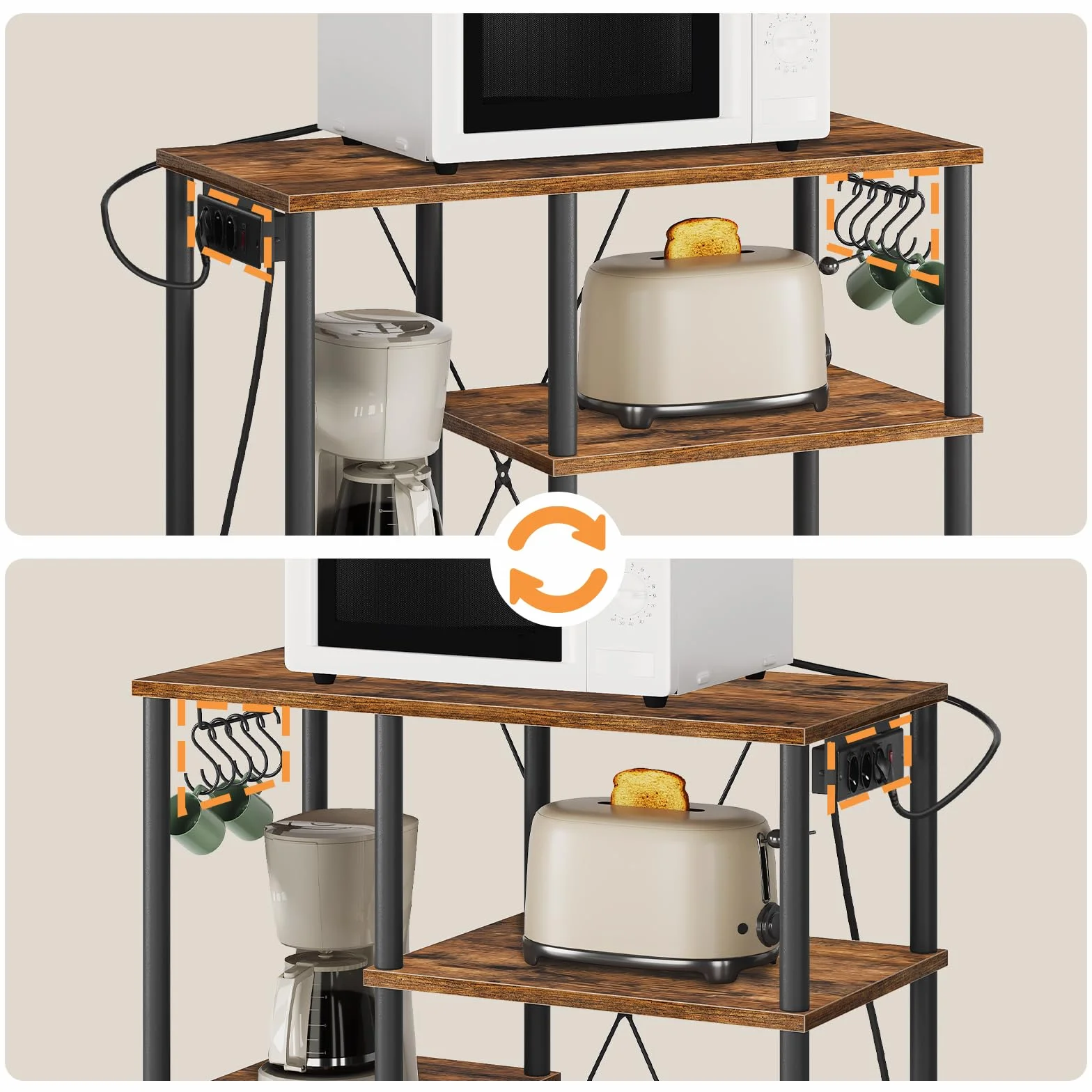 HOOBRO Estantería de Cocina con Toma de Corriente, Estantería para Microondas, Estantería de Panadería con 5 Ganchos, Multi-función Utensilios de Cocina Estantes de Almacenamiento, Marrón EBF07CHB01