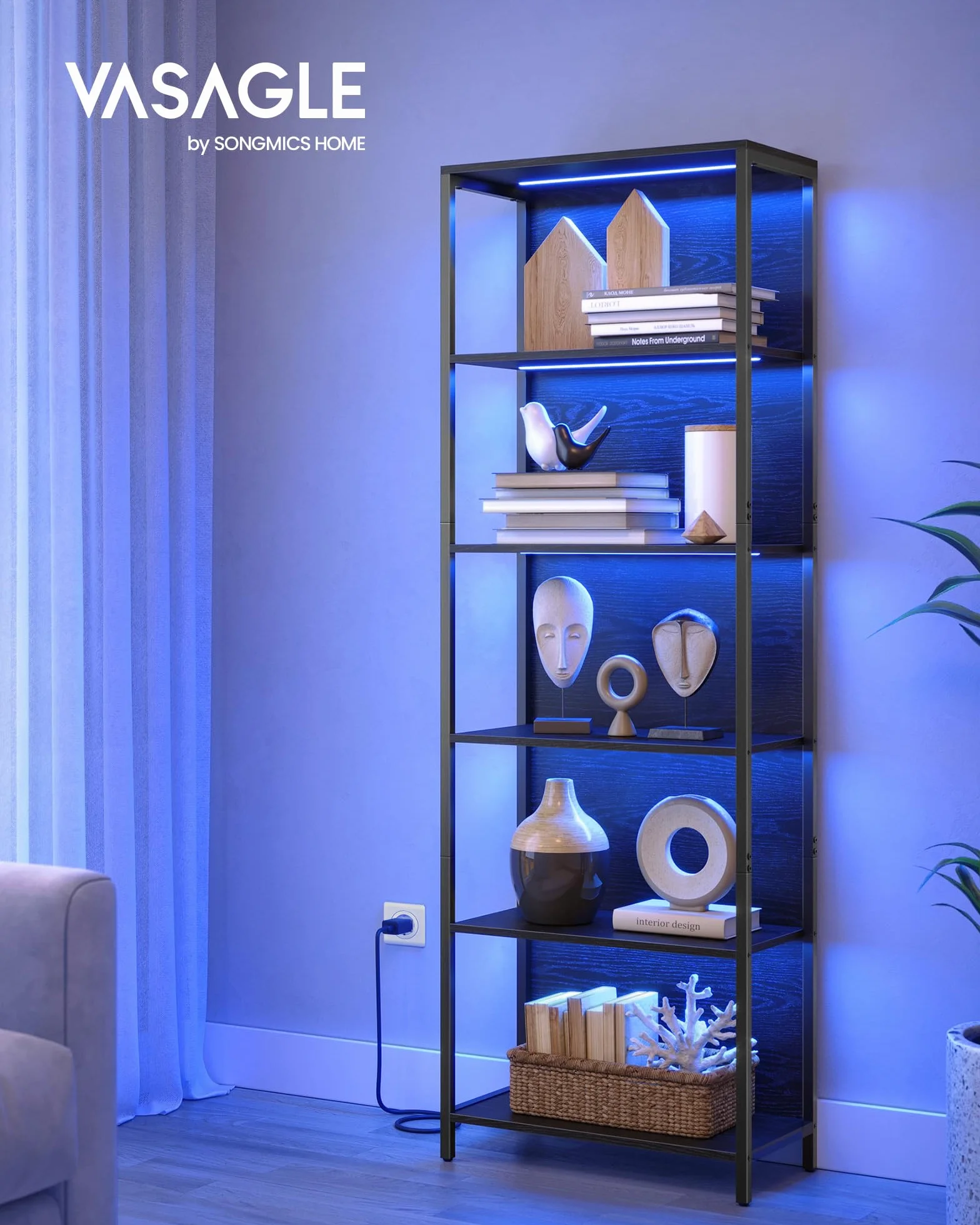 VASAGLE Estantería de 6 Niveles con Luz LED, Librería con Luces Ajustables, Marco de Acero, 30,3 x 60 x 178,6 cm, para Sala de Estar, Dormitorio, Oficina, Negro Ébano LLS120B57