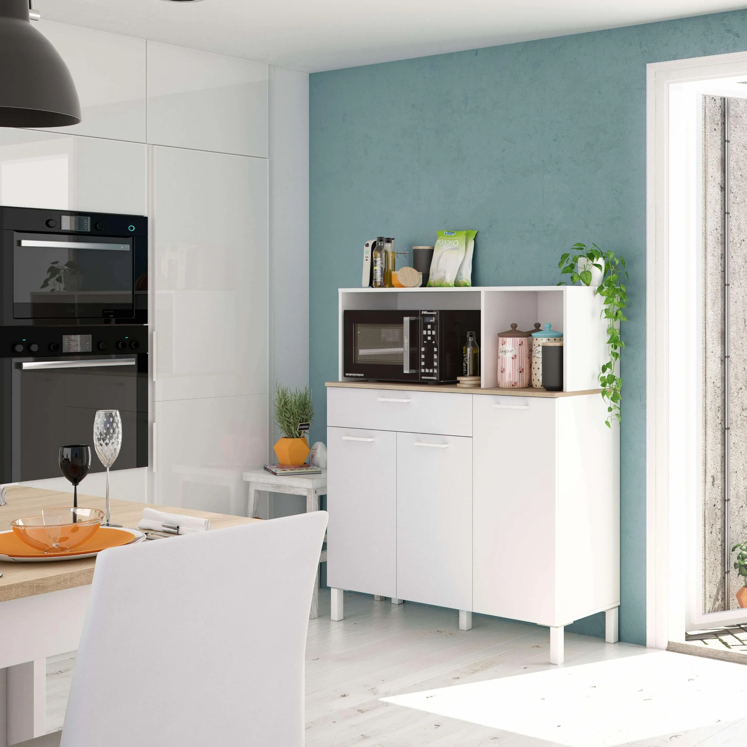 Habitdesign Alacena de Cocina, Aparador Comedor, Mueble Auxiliar 3 Puertas + 1 Cajon y Estante Interior, Color Blanco Artik y Roble Canadian, Medidas: 108 (Ancho) x 126 (Alto) x 40 (Fondo) En cm